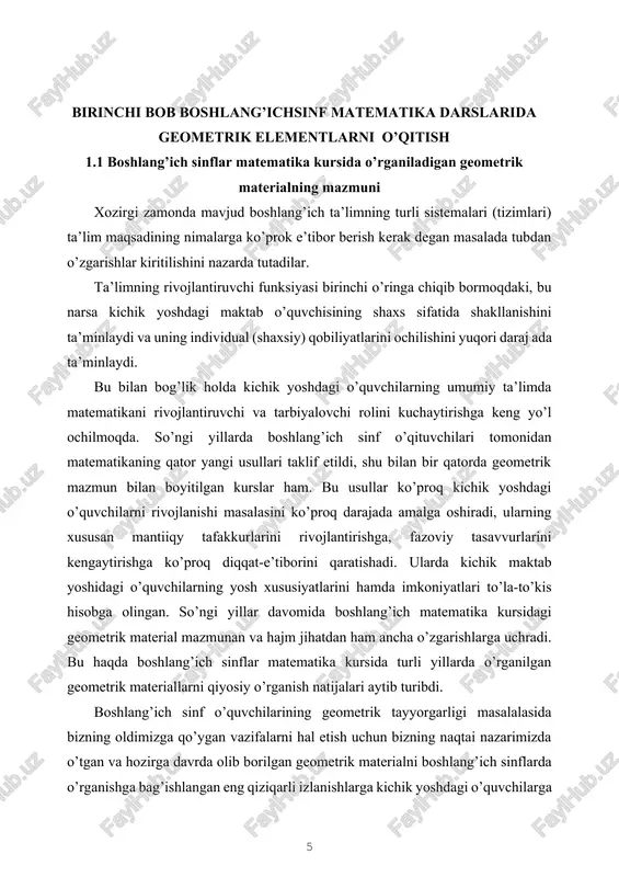 ateriallarni o’rganish davomida foydalaniladigan ko’rgazmali qo’llanmalar va didaktik o’yinlarni; · geometrik mazmundagi masalalarning o’zlashtirilishini tekshirishning turlicha ko’rinishlari,shakli va usullarini bilishi kerak. shuningdek har bir talaba: · o’qitish davomida geometrik elementlar bo’lgan arifmetik materiallarning o’zaro aloqasining tatbiq etilishini bilishi; · geometrik tasavvurlarni shakllantirish metod va usullarini maqsad sari yo’naltirib, qo’llay olishi; · geometriya elementlari bo’lgan mashqlarni tanlab olabilishi va maqsad sari yo’naltira olishi; · geometrik misollarni o’rganishga xizmat qiluvchi ko’rgazmali qo’llanmalar va didaktik o’yinlardan foydalana olishi; · geometriya elementlarini o’zlashtirishni tekshirishning turlicha ko’rinishlarini,shakl va usullarini qo’llay olishi; · tekshiruv maqsadlariga mos sinov topshiriqlari va mustaqil ishlarni tuza olishi kerak. geometriya materialini o’rganish metodikasining umumiy tavsifnomasi (xarakteristikasi) geometrik material boshlang’ich sinflar uchun mustaqil bo’lim sifatida o’quv dasturiga kiritilmaydi. o’quv jarayonida geometriya elementlarini o’rganish bilan bevosita bog’lab olib boriladi. geometrik mazmundagi masalalarni yechish, hisob-kitobga o’rgatish davomida geometrik figuralardan, didaktik material sifatida foydalanish - bularning barchasi o’quvchilarning geometrik taasurotlarini mustahkamlashga imkon beradi. geometrik materiallarni …