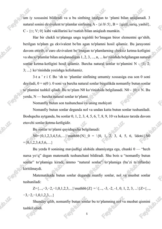 nki 0 — “hech narsa yo‘q” degan matematik tushunchani bildiradi. shu bois u “nomanfiy butun sonlar” to‘plamiga kiradi, ammo “natural sonlar” to‘plamiga (ba’zi ta’riflarda) kiritilmaydi. matematikada butun sonlar deganda manfiy sonlar, nol va musbat sonlar tushuniladi: z={...,−3,−2,−1,0,1,2,3,...}\mathbb{z} = \{..., -3, -2, -1, 0, 1, 2, 3, ...\}z={...,−3,−2,−1,0,1,2,3,...} shunday qilib, nomanfiy butun sonlar bu to‘plamning nol va musbat qismini tashkil etadi. nomanfiy butun sonlarning tarixiy rivojlanishi son tushunchasi insoniyat tarixida uzoq rivojlanish jarayonini bosib o‘tgan. dastlab odamlar buyumlarni sanash orqali sonlarni o‘rganganlar. misol uchun, qadimda odamlar chorva hayvonlarini sanash uchun tosh, tayoqcha, tugunli arqon yoki belgilardan foydalangan. har bir buyum uchun bir belgini qo‘yish orqali ular “miqdor” tushunchasiga yaqinlashganlar. keyinchalik bu belgilar raqamlarga aylangan. misr, bobil, hind va rim madaniyatlarida sonlarni ifodalash uchun turli belgilar tizimi ishlatilgan. hozirgi kunda esa o‘nlik pozitsion tizim qo‘llaniladi, bu tizimda har bir raqamning o‘rni sonning qiymatini belgilaydi. masalan, 245 soni: 2 — yuzliklar sonini bildiradi, …