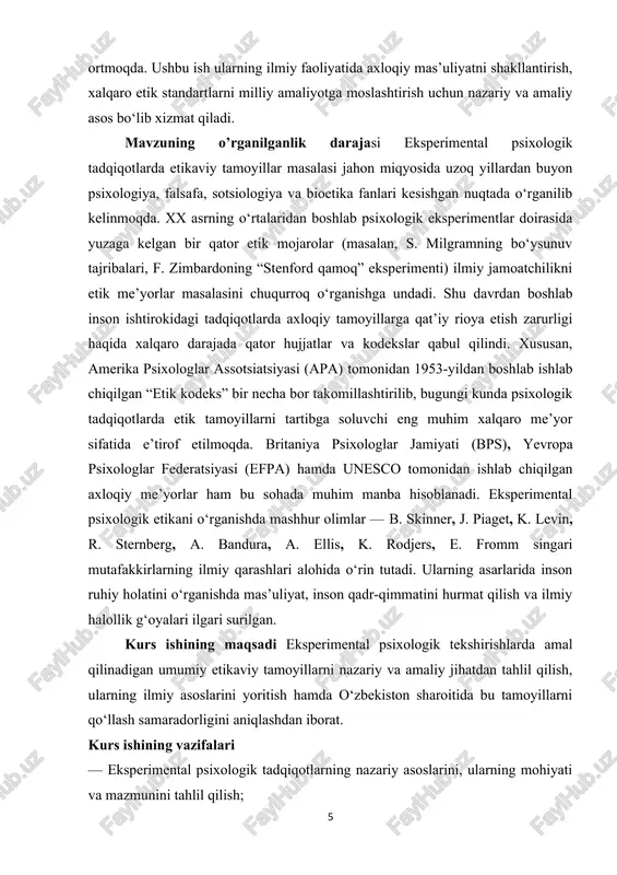 y prinsiplari bilan tanishish va ularni tahlil qilish; — o‘zbekiston psixologiya amaliyotida etik tamoyillarga amal qilinish holatini o‘rganish; — psixologik tadqiqotlarda ishtirokchilarning roziligi, maxfiyligi va xavfsizligini ta’minlash usullarini ko‘rsatish; — etik tamoyillar buzilgan holatlarning oqibatlarini tahlil qilish va ularni bartaraf etish yo‘llarini aniqlash; mavzuning obyekti eksperimental psixologik tekshirishlar jarayoni, ya’ni inson psixikasini ilmiy eksperimentlar yordamida o‘rganish faoliyati, uning bosqichlari va metodologik yondashuvlari. mavzuning predmeti eksperimental psixologik tekshirishlarda amal qilinadigan umumiy etikaviy tamoyillar, ya’ni tajriba o‘tkazishda inson huquqlarini hurmat qilish, rozilik olish, maxfiylikni ta’minlash, zarar yetkazmaslik va ilmiy halollikka rioya etish me’yorlari. ushbu kurs ishining tarkibiy tuzilishi kirish ikki asosiy bob 6 paragraf xulosa va foydalanilgan adabiyotlardan iborat. i bob. eksperimental psixologik tadqiqotlarning nazariy asoslari 1.1. eksperimental psixologiya tushunchasi, mazmuni va rivojlanish tarixi eksperimental psixologiya — bu psixologiya fanining bir tarmog‘i bo‘lib, inson ruhiy jarayonlarini ilmiy tajriba orqali o‘rganishga qaratilgan yo‘nalishdir. u psixologik hodisalarni faqat kuzatish yoki so‘rov natijasida emas, balki …
