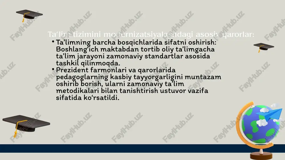 ish va tanlov imkoniyatlari yaratildi. kasb-hunar ta’limi rivojlantirilib, yoshlarning ishbilarmonlik ko‘nikmalarini oshirishga qaratilgan dasturlar ishlab chiqildi. boshlang‘ich, o‘rta va oliy ta’limda amalga oshirilgan o‘zgarishlar universitetlar va ilmiy tadqiqot institutlarida ta’lim sifati oshirildi, xalqaro standartlar asosida akkreditatsiya jarayonlari yo‘lga qo‘yildi. yangi o‘quv dasturlari va kadrlar tayyorlash yo‘nalishlari tashkil etildi. talabalar va professor-o‘qituvchilar uchun ilmiy almashinuv dasturlari kengaytirildi. universitetlarning iqtisodiyot va sanoat bilan yaqin hamkorligi yo‘lga qo‘yilib, amaliyot va innovatsiyalarni rivojlantirishga e’tibor qaratildi. oprezident ta’lim jarayonini raqamlashtirishni tezlashtirishga alohida e’tibor qaratmoqda. maktablar va oliy o‘quv yurtlari yuqori tezlikdagi internet bilan ta’minlanmoqda. onlayn ta’lim platformalari, elektron darsliklar va interaktiv o‘quv materiallari yaratilib, keng joriy qilinmoqda. ta’limda innovatsiyalar: raqamli texnologiyalar, onlayn ta’lim imkoniyatlari raqamli texnologiyalar yordamida o‘quvchilar va talabalar o‘z bilimlarini mustaqil ravishda oshirish imkoniyatiga ega bo‘lishmoqda. pandemiya davrida onlayn ta’lim tizimining rivojlanishi ta’limning uzluksizligini ta’minladi. sun’iy intellekt va virtual haqiqat (vr) kabi yangi texnologiyalarni o‘quv jarayoniga tatbiq etish ustida ishlar olib borilmoqda. ta’limda …