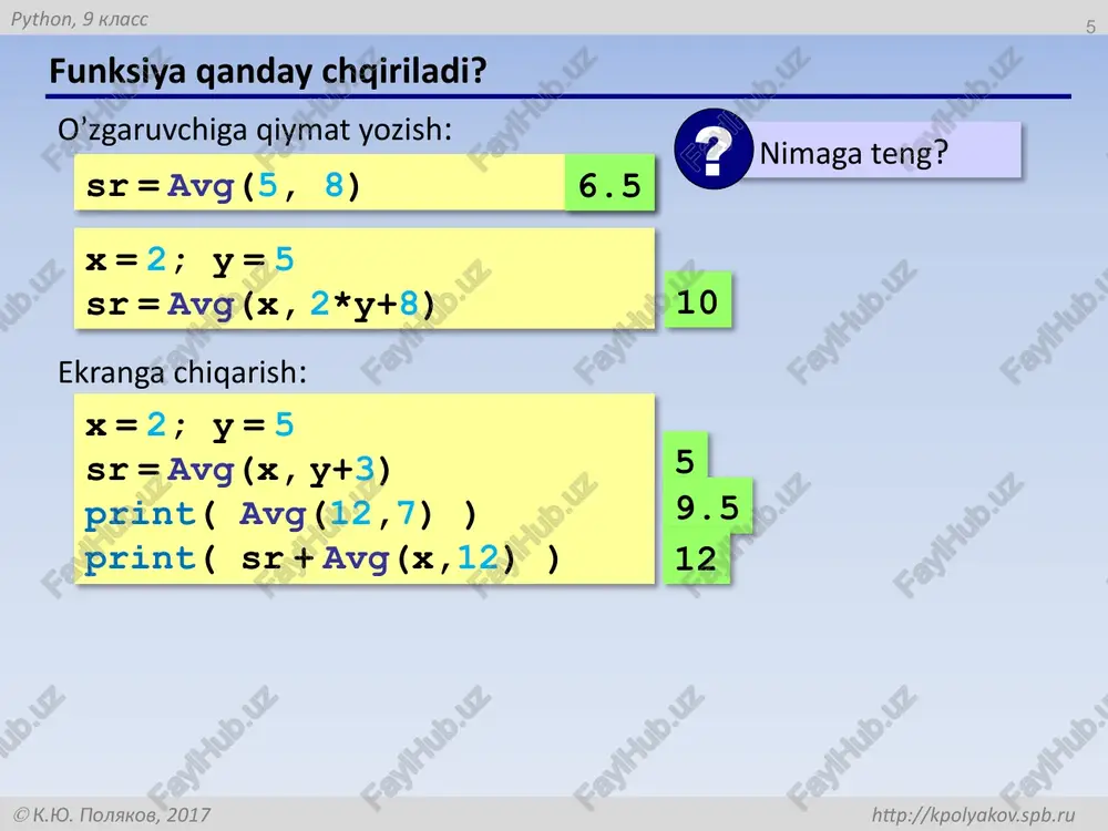 vlar yaratish uchun ishlatiladi. misol: python import random print(random.randint(1, 10)) # 1 dan 10 gacha tasodifiy raqamni chiqaradi python modullari https://docs.python.org/3/py-modindex.html 14.10.2025 math moduli 14.10.2025 matematik funksiyalar (math.) import math abs() - sonning absolyut qiymati. acos() – radianda ifodalangan arkkosinus acosh() - radianda ifodalangan giperbolik arkkosinus. asinh() - giperbolik arksinus atan() - radianda ifodalangan arktangis. atanh() - giperbolik arktanges. ceil() - sonni o‘zidan katta butun songa yaxlitlash cos() - radianda ifodalangan kosinus. cosh() - giperbolik kosinus. exp() - berilgan sonning eksponentasini hisoblash floor() - sonni o‘zidan kichik butun songa yaxlitlash. fmod() -ikki son x ni y ga bo‘lgandagi qoldiqni hisoblaydi. hypot() - to‘g‘ri burchakli uchburchakda ikki katet bo‘yicha gipotenuzani hisoblash log10() - o‘nlik logarifm. log() - natural logarifm. pi() - sonining qiymatini aniqlaydi. pow() – x sonini y darajaga ko‘tarish. bin(x)- butun sonni ikkilik sanoq sistemasiga o‘tkazadi hex(x)- butun sonni o‘n oltilik sanoq sistemasiga o‘tkazadi oct(x)- butun sonni sakkizlik sanoq …
