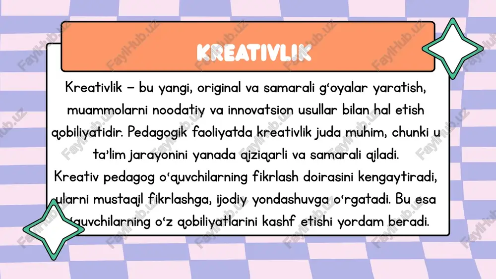 an?” mavzusida qisqacha esse yozish. o‘z kuchli va ustida ishlanishi kerak bo‘lgan jihatlarni aniqlash. pedagogik kasbiy komponentlik pedagogik kasbiy komponentlik va kreativlik — zamonaviy ta’lim jarayonining ajralmas va bir-birini to‘ldiruvchi ikki asosiy elementi hisoblanadi. pedagogik kasbiy komponentlik o‘qituvchining o‘z faoliyatini samarali tashkil etishi uchun zarur bo‘lgan bilim, ko‘nikma, malaka va shaxsiy sifatlar majmuasidir. bu kompetensiyalar o‘quvchilarning rivojlanishini ta’minlashda, ta’lim sifatini oshirishda va samarali dars olib borishda muhim ahamiyat kasb etadi. kreativlik esa pedagogning ijodiy yondashuvi, noodatiy fikrlash va yangilik yaratish qobiliyatidir. u dars jarayonini jonlantirish, o‘quvchilarning qiziqishini oshirish, ularni mustaqil va erkin fikrlashga o‘rgatishda katta rol o‘ynaydi. kreativlik orqali ta’lim jarayoni nafaqat bilim beruvchi, balki tarbiyaviy va rivojlantiruvchi tusga ega bo‘ladi. kreativlik guruhli mashg‘ulotlar orqali kreativlikni rivojlantirish, kasbiy komponentlikni mustahkamlovchi amaliy vazifalarni bajarish pedagoglarning o‘z ustida ishlashiga, kasbiy saviyasini oshirishga xizmat qiladi. shunday qilib, pedagogik kasbiy komponentlik va kreativlikning uyg‘unlashuvi o‘qituvchi faoliyatining samaradorligini ta’minlab, ta’limda yuqori natijalarga erishishning asosiy omiliga …
