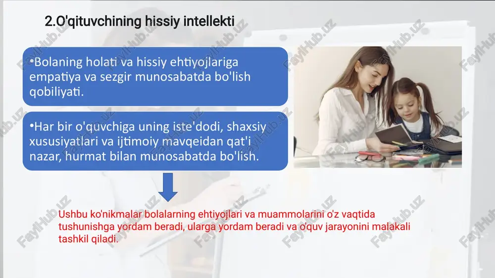 blariga moslashishini taʼminlaydi va uning kasbiy qadriyatini oshiradi. 14 pedagogik mahoratni baholash mezonlari va usullari pedagogik mahoratni baholash oʻqituvchining kuchli va zaif tomonlarini aniqlash, shuningdek, uning kasbiy oʻsishiga yoʻnaltirilgan rivojlanish rejalarini tuzish uchun muhimdir. oʻquv natijalari oʻquvchilarning bilim sifati, test natijalari va musobaqalarda erishgan yutuqlari. dars tahlili maʼmuriyat yoki ekspertlar tomonidan ochiq darslarni kuzatish va metodik yondashuvni baholash. qayta aloqa (feedback) oʻquvchilar, ota-onalar va hamkasblardan anonim soʻrovnomalar olish. metodik hujjatlar oʻqituvchining rejalari, metodik ishlanmalari va innovatsion loyihalarini koʻrib chiqish. obyektiv baholash tizimi oʻqituvchilarni qoʻllab-quvvatlash va ularning professionalizmiga sarmoya kiritish uchun asos boʻlishi kerak. 15 xulosa: zamonaviy oʻqituvchining pedagogik mahorati – taʼlim sifati kafolati pedagogik mahorat zamonaviy taʼlim tizimining tayanchidir. oʻqituvchi nafaqat axborot yetkazuvchi, balki shaxsiyatni shakllantiruvchi, motivator va yoʻnaltiruvchi boʻlishi kerak. mahoratga erishish — uzluksiz jarayon! insoniy resurs oʻqituvchining mahorati oʻquv muassasasining eng qimmatli insoniy resursi boʻlib, bevosita oʻquvchilarning kelajagini belgilaydi. kelajak avlodi yuqori mahoratli oʻqituvchilar tanqidiy fikrlashga, ijodkorlikka va …