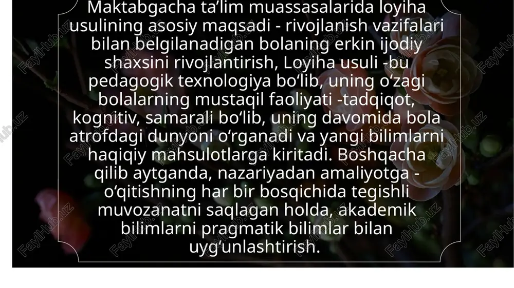 chilar o‘qituvchi bilan bevosita muloqotgakirisha olmaydi; -eslab qolish darajasi hamma o‘quvchilarda bir xil bo‘lmaganligi sababli, guruh bo‘yicha o‘zlashtirish darajasi past bo‘lib qolishi mumkin; -mustaqil o‘rganish va yechimlar qabul qilish uchun sharoitlar yaratilmaydi.hozirgi vaqtda ta’lim muassasalarida o‘qitishning zamonaviy shakl va usullari keng qo‘llanilmoqda. 19 o‘qitishning zamonaviy usullarini qo‘llash ta’limda yuqori samaradorlikka olib keladi. an’anaviy o‘qitishda asosan o‘qituvchiga erkinlik beriladi (sub’ekt-ob’ekt), noan’anaviy o‘qitishda esa o‘quvchiga erkinlik beriladi, o‘qituvchi-o‘quvchi munosabatlarini demokratlashtirish (sub’ekt-ob’ekt) asosida dars jarayonlari tashkil etiladi. noan’anaviy o‘qitish jarayonida o‘qitishning tashkiliy shakllari(frontal, guruhlarda ishlash, individual ishlash) yordamida o‘qituvchi dars o‘tishda quyidagi usullardan foydalanishi mumkin: 20 aqliy hujum. bu usulda o‘qituvchi o‘quvchilarga topshiriq (savol) beradi, o‘quvchilarning topshiriqlar borasida berilgan fikr-mulohazalari jamlanadi. o‘quvchilar hamkorlikda murakkab muommoni yechishga harakat qiladilar. uni hal etish uchun o‘z shaxsiy g’oyalarini ilgari suradilar.guruh (juft) bo‘lib ishlash. darsda ishtirok etayotgan o‘quvchilar guruhlarga (4 -6 o‘quvchi) bo‘linib yoki juft -juft bo‘lib o‘qituvchi bergan topshiriqlarni bajaradi. zagolovok prezentatsii 21 bahs. o‘quv guruhi …