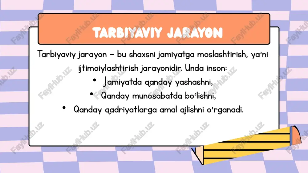 h. normatov, s. (2021). tarbiyaviy psixologiya. toshkent: “ilm ziyo” nashriyoti. — tarbiya jarayonidagi psixologik omillar, shaxsiy rivojlanish. tarbiyaga ta’sir etuvchi omillar ko‘p va xilma-xildir. ularni to‘g‘ri tushunish va hisobga olish orqali tarbiyaviy jarayon samaradorligini oshirish mumkin. talabalar bilan savol-javob o‘tkazib, ularning fikrlarini tinglash va amaliy misollar keltirish tavsiya etiladi. har bir yoshga mos tarbiyaviy muhit yaratish orqali sog‘lom, ma’naviy yetuk shaxslar shakllantiriladi. xulosa etiboringiz uchun raxmat image1.jpeg image2.png image3.svg image3.png image5.svg image4.png image7.svg image8.svg image9.svg image10.svg image5.png image12.svg image6.png image14.svg image15.svg image7.png image17.svg image18.svg image19.svg image8.png image21.svg image9.png image23.svg image24.svg image10.png image11.png image27.svg /docprops/thumbnail.jpeg tarbiyaga ta'sir etuvchi omillar: