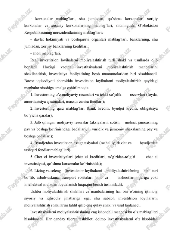 olatini bildiradi va yana raqobatchilardan ma’lum bir ustunlikka ega bo’ladi, boshqa korxonalarda bunday imkonyat bo’lmasligi mumkin. har qanday tijorat tashkilotining asosiy o’z-o’zini moliyalashtirish manbai bu, asosan, sof foyda va amartizatsiya ajratmasi xisoblanadi. 1) "foyda investitsiyalarni moliyalashtirish manbai sifatida". bozor iqtisodiyoti sharoitida korxonaning asosiy maqsadi, bu maksimal foyda olishdir. u korxona faoliyatining asosiy moliyaviy natijasi xisoblanadi. korxonaning balans foydasi (fb) quyidagi tarkibiy qismlardan tashkil topadi: fb= fs+fm+(db-xb) bu yerda, fs-mahsulot (ish, xizmat) sotishdan tushgan foyda, fm-korxona mulkini sotishdan tushgan foyda db.-boshqa operatsiyalardan tushgan daromad, xb.-boshqa operatsiyalar bo’yicha xarajatlar. yalpi foyda-foyda solig’i olish uchun soliq to’lanadigan baza xisoblanadi. korxonani o’z ixtiyorida qoladigan foyda, ya’ni sof foyda (fs) qiziqtiradi va quyidagicha teng bo’ladi: fs=fb-sf bu yerda, fb-balans foyda sf-foyda solig’i va boshqa majburiy to’lovlar. zamonaviy sharoitida korxona o’z ixtiyorida qoladigan foydani o’zi mustaqil taqsimlaydi va bu erda shunday savol kelib chiqadi, bu foydani qanday qilib eng samarali taqsimlash mumkin? uni ishlab chiqarishni rivojlantirishga: …