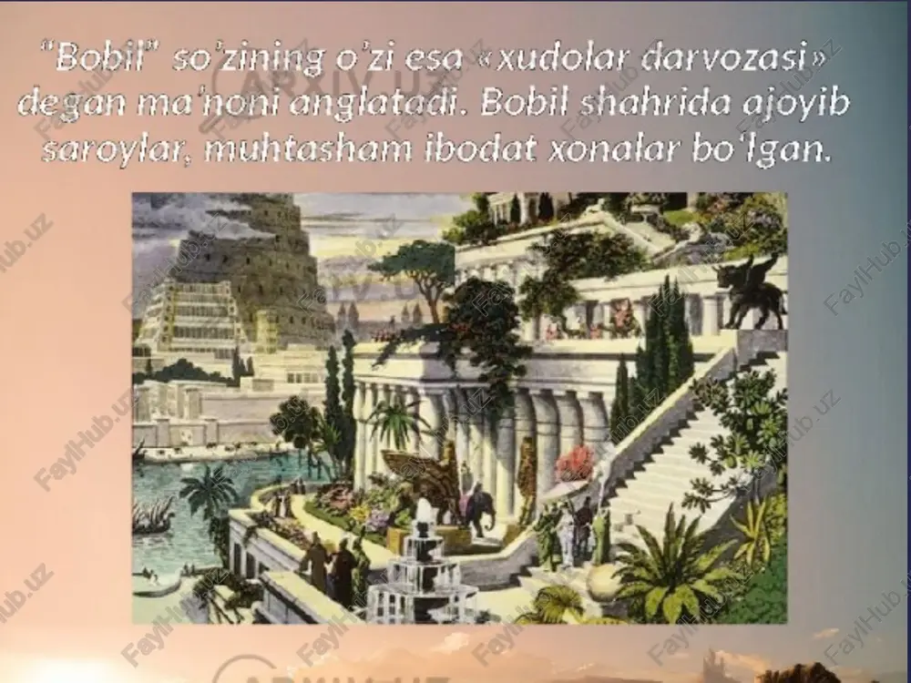 qaytish sharti qo`yilgan. jangchi halok bo`lsa yoki asir tushib qolsa, mulki uning voyaga yetgan o`g`liga harbiy xizmat o`tash sharti bilan o`tkazilgan. agar o`g`li voyaga yetmagan bo`lsa, jangchi xotiniga mulkning 1/3 qismi o`g`lini yaxshi jangchi qilib tarbiyalash maqsadida berilgan. jangchi asirdan qaytib kelsa, uning boshqa kishiga o`tkazilgan barcha mulklari qaytarib olib borilgan. image2.jpg image3.png image4.png image5.jpeg bobil ham qadimgi shaharlardan biri. u bunyod etilgan hudud hozirgi lroq davlati tarkibiga kiradi. bo/‘lgan. /docprops/thumbnail.jpeg