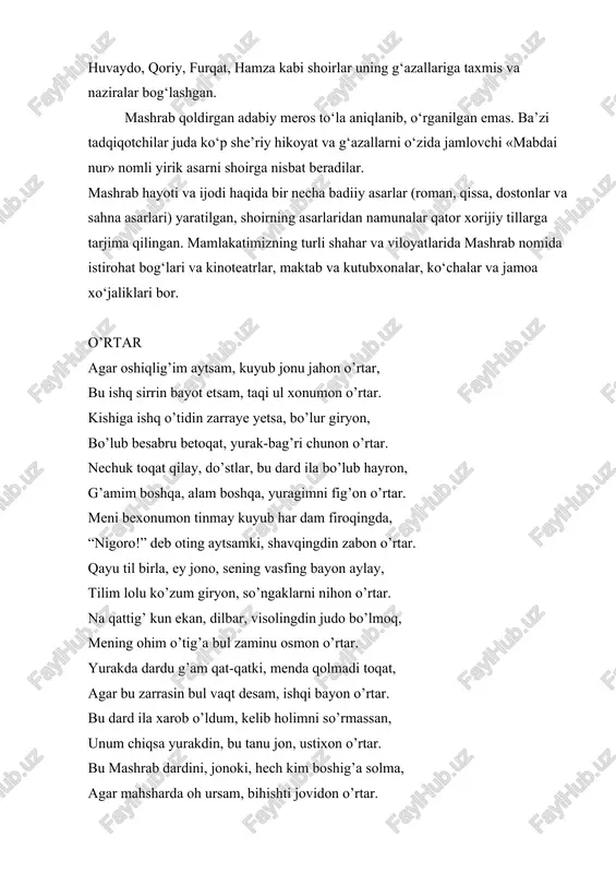 rakdin, bu tanu jon, ustixon o’rtar. bu mashrab dardini, jonoki, hech kim boshig’a solma, agar mahsharda oh ursam, bihishti jovidon o’rtar. xohi inon xohi inonma sensan sevarim, xohi inon, xohi inonma, qondur jigarim, xohi inon, xohi inonma. g’am shomi firoqingda kabob etti falakni ohi saharim, xohi inon, xohi inonma. nogah sari zulfung sori bo’ldum sanga moyil, ey toji sarim, xohi inon, xohi inonma. la’ling g’amidin ko’nglum erur g’uncha kibi qon, gulbargi tarim, xohi inon, xohi inonma. zahri g’ami hajring meni o’ldurg’ali yetti, ey labshakarim, xohi inon, xohi inonma. mashrab, bo’lubon ko’yinga chun barqi tajalli, qolmay asarim, xohi inon, xohi inonma. mashrabman sanamning ishqida tinmay yurub, ovvora mashrabman, ko’zi yoshlig’, qadi xamlig’, dili sadpora mashrabman. ko’ngulda zarracha dunyoni mehri bo’lmayin menda, seni deb ikki olamdin kechib, bezora mashrabman. o’lib ketsam, lahad ichra so’ngakdin ketmagay darding, jahonda topmadim choraki, men – bechora mashrabman. anodin qay kuni bo’ldum, sening ishqingda oh urdum, muhabbat …