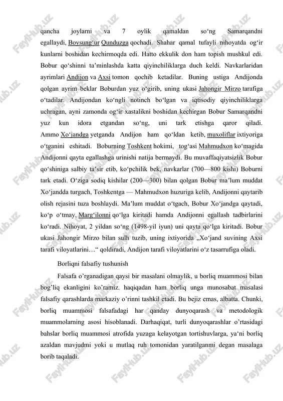 o” va “u dunyo” (narigi dunyo), ya‘ni kishilarning real hayotlari kechadigan dunyo to’g’risida tasaavurlar poydo bo’la boshlagan. kishilar o’zlarining kundalik tajribalari asosida fikr yuritib, o’zlari yashaganyotgan aynan hozir mavjudligiga, uning o’zlaridan ham oldin mavjud bo’lganligiga, o’zlaridan keyin ham mavjud bo’lishiga, o’zlarining esa o’tkinchi, vaqtincha yashab so’ng dunyodan o’tib ketishiga ishonch hosil qila boshlagan. bu ishonchlar asosida ularni “borliq” va “yo’qliq” haqidagi qarashlari paydo bo’ladi. kundalik hayotimiiz va faoliyatimizda biz shubha to’g’dirmaydigan fikrlarga tayanishga harakat qilamiz. bunday fikrlarni eng birinchisi olamning “hozir” va “shu yerda” mavjudligi haqidagi qarashlardir. aminmizki, tabiat va jamiyachtdagi o’zgarishlardan qa‘tiy nazar olam yaxlit bir butunlik sifatida saqlanib qoladi. ana shunday universal vazifani o’tavchi fikrimiz shubha ostida qolganida borliq muammosi yuzaga keladi. shubha uchun asos yetarli: tabiat va jamiyat taraqqiyoti shunday masalalarni to’g’diradiki, bu masalalar hayotning anglab yetilmagan tomonlari haqida fikr yuritishga undaydi. ayniqsa jamiyatda ziddiyatlarga to’la vaziyat yuzaga kelganda borliq va yo’qliq haqida uyga tolamiz. borliq haqidagi …