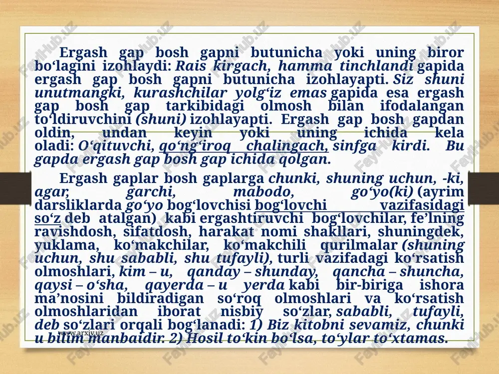 ortiq ergash gap bir bosh gapga tobelanib kelsa, bir necha ergash gapli qo‘shma gap deyiladi. bunday gaplar tarkibidagi ergash gaplar bosh gapdan, shuningdek, bir-biridan vergul bilan ajratiladi: botirjon klubdan chiqqanida, quyosh sharq ufqida terak bo‘yi ko‘tarilib, bulut darvoza oralig‘ida charaqlab turardi. bir necha bosh gapli murakkab qo‘shma gap bir necha ergash gapli murakkab qo‘shma gap to‘g’ridan-to‘g’ri ergashish (birgalik ergashish). ergash gaplarning har biri to‘g’ridan-to‘g’ri bosh gapga bog‘lansa, birgalik ergash gap deyiladi. bunday gaplardagi ergash gaplar 1) bir xil ergash gaplar (uyushgan) bo‘ladi: mana bu kanal bitsa, yangi yer ochilsa, paxta ham ko‘payadi; 2) har xil ergash gaplar (uyushmagan) bo‘ladi: bordi-yu, rost bo‘lsa, hammasi emas, yarmi rost bo‘lganda ham, juda xunuk gap-ku! image3.png image4.png /docprops/thumbnail.jpeg bog'langan qo'shma gaplar te se we oy a peer | (= seas peice faery 7 sodas gap ticide bia ops to kes i bald en gos pop kbs duds ong eg es gisp qeemctocl qoshma gop …