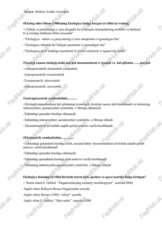 azasiga o’tishi uchun sutkada 12 soat yoki undan kamroq yorug’lik vaqti kyerak -gullash fazasiga o’tishi uchun bir sutkada, 12 soatdan ko’p yorug’lik kyerak hayvonlar harorat omiliga moslashish darajasiga qarab.... ajaratiladi. +neytral -poykilotyerm, gemoyotyerm -sovuqqonli -issiqqonli o’simliklar har xil namlik sharoiti va muhitga moslashishi bo’yicha qaysi guruxlarga bo’linadi? +yorug’sevar, soyaga chidamli, soyasevar -gigrofitlar, mezofitlar, ksyerofitlar -ksyerofit, mezofit, soyasevar -yorug’sevar, yoruqqa chidamli, soyasevar, ekologik madaniyat- +bu tabiat haqidagi bilim, ong, idrok, savodxonlik, intellektual salohiyat va uni amalda qo’llay bilish faoliyati, atrof-muhitga nisbatan faoliyatning yuksak ko’rsatkichi, ongli va mas’uliyatli yondashuvdir -kishilarning atrof tabiiy muhitini muhofaza qilish, tabiiy resurslardan oqilona foydalanish, buzilgan tabiat komplekslarini qayta tiklash haqida hosil qilgan ma’lumotlari, ya’ni ushbu voqe’likning inson tafakkurida aks etganlik darajasi -insonlarning tabiatga va jamiyatga extiyotkorona va rejali ta’sir etishi -kishilarning o’simliklar, hayvonlar va mikroorganizmlar dunyosiga ta’siri atrof - muhitga oid bilimdonlik bu-.... +atrof-muhit, jonli va jonsiz tabiat, inson va tabiat rivojlanishi haqidagi bilim, savodxonlik, intellektual salohiyat …