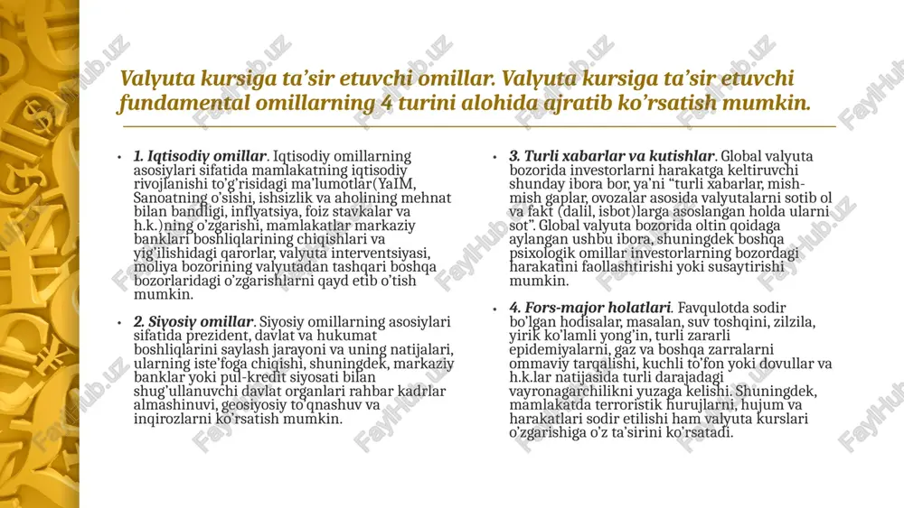 ga keskin ta’sir ko’rsatuvchi omillarni tahlil qilish qobiliyatiga ega bo’ladilar. muddatli bitimlar bilan bog’liq operatsiyalar. tijorat banklarining muddatli bitimlari deb, belgilangan muddatda, ammo ikki ish kunidan keyin amalga oshiriladigan operatsiyalarga aytiladi. 9 3. valyuta siyosati valyuta siyosati - valyuta muammolarini hal etish bo’yicha qarorlar tayyorlash, qabul qilish va tadbiq etishdan iboratdir. mamlakatlararo valyutani boshqarish tashkiloti bo’lib xvf hisoblanadi. valyuta siyosati huquqiy jihatdan valyutaviy qonunlar asosida tartibga solinadi. bularga huquqiy darajadagi chegaralarning o’rnatilishi, mamlakat ichkarisida va mamlakat tashqarisida valyuta qimmatliklari bilan bo’ladigan munosabatlarni tartibga solish, yana valyutaviy muammolar bo’yicha ikki tomonlama va ko’p tomonlama, mamlakatlararo valyutaviy kelishuvlarni tuzish kiradi. valyutani tartibga solishningbevosita yo’li qonuniy hujjatlar va hukumatning ijro organlari orqali amalga oshirilishi hisoblansa, bilvosita yo’l bilan bozor agentlarining iqtisodiy harakatlanishiga, iqtisodiy usullar, xususan, valyuta-kredit usullari bilan ta’sir etiladi. xalqaro tartibga solishda valyuta, kredit va moliya siyosati quyidagi sabablar bilan shakllangan: milliy iqtisodiyotda valyuta, kredit va moliya munosabatlarining bir-biriga o’zaro bog’liqligi. xo’jalik …