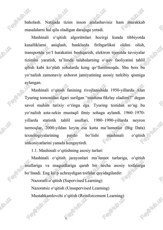 uhit (environment) taqdim etiladi, tizim esa shu muhitda eng samarali strategiyani topishga harakat qiladi. misol uchun, shaxmat o‘ynaydigan sun’iy intellekt har bir yurishdan so‘ng natijaga qarab “mukofot” oladi (yutish yoki yutqazish). dastur minglab o‘yinlar davomida eng muvaffaqiyatli yurishlarni o‘rganadi. mustahkamlovchi o‘qitish bugungi kunda robototexnika, o‘zini boshqaruvchi transport vositalari, iqtisodiy strategiyalar va o‘yinlar ishlab chiqishda keng qo‘llanilmoqda. eng mashhur algoritmlar: q-learning, deep q-networks (dqn) va policy gradient methods. 1.5. qisman nazoratli o‘qitish (semi-supervised learning) amaliyotda ko‘pincha katta hajmdagi ma’lumotlar mavjud bo‘ladi, biroq ularning hammasi uchun to‘liq belgilangan natijalar (label) bo‘lmasligi mumkin. shunday hollarda qisman nazoratli o‘qitish qo‘llaniladi — u nazoratli va nazoratsiz o‘qitishning aralash shakli hisoblanadi. masalan, tibbiyotda kasallik rasmlarining faqat bir qismi to‘liq belgilangan bo‘lishi mumkin, qolganlari esa belgilanmagan. model mavjud belgilar asosida qolgan ma’lumotlarni ham to‘g‘ri guruhlashni o‘rganadi. bu yondashuv ayniqsa ma’lumotlarni belgilash qimmat yoki ko‘p vaqt talab qiladigan sohalarda samarali hisoblanadi. 1.6. mashinali o‘qitish turlarining qo‘llanilish sohalari mashinali …