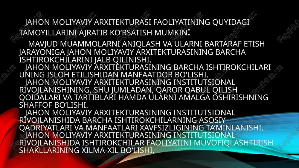 ususiy kapital oqimining hajmiga nisbatan cheklanganligi; xalqaro tashkilotlarning inqirozlarni oldini olish, ularga qarshi kurashish, takrorlanishiga yo‘l qo‘ymaslik va ularning tarqalish sohalarini cheklashga qodir emasligi; moliyaviy va valyuta inqirozlarining takrorlanish va ta’sir etish ko‘lamining kengayishi; jahon iqtisodiyotining globallashuvi bir vaqtning o‘zida bir qator rivojlanayotgan mamlakatlarda faoliyat yurituvchi va investitsiyalarni amalga oshiradigan mamlakatlarda moliyaviy vaziyatni beqarorlashtirishga qodir bo‘lgan yangi xalqaro investorlarning yuzaga kelishiga hamda rivojlanayotgan mamlakatlarda moliyaviy bozorlarni davlat tomonidan tartibga solish samaradorligini kamaytiradigan offshor hududlar miqdorining o‘sishiga imkon yaratdi; xalqaro tashkilotlar tomonidan moliyalashtirish dasturlarini amalga oshirish natijasida kelib chiqadigan nizolarning chuqurlashuvi; moliyaviy bozorlardagi, ayniqsa, qarz majburiyatlari bozoridagi operatsiyalar hajmining o‘sishi hamda xalqaro moliya bozorining yuqori darajada rivojlanishi o‘rtasida keskin farqlanish hamda uni tartibga solish uchun tegishli institutsional tuzilmaning yo‘qligi. xalqaro moliya tizimini isloh qilish jarayoni tuzilmaviy muammolarni bartaraf etish, ayniqsa, moliya tizimining barqarorligini ta’minlash masalasini hal qilish bilan birga amalga oshiriladi. ushbu bosqichda moliya tizimini mustahkamlash jarayonida quyidagi chora-tadbirlar namoyon bo‘ladi: …