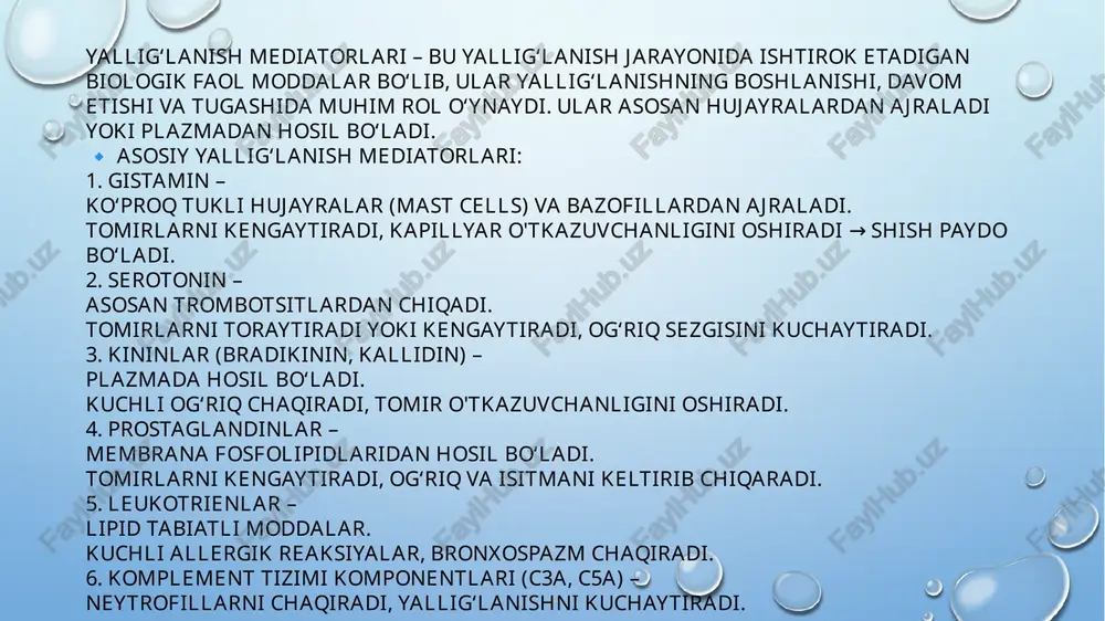 shmalar paydo bo'lishi, bo'shliqlar (masalan, perikard, plevra bo'shliqlari) bitib ketishi mumkin, bu narsa yallig'lanishga uchragan or-ganlar funktsiyasini ancha izdan chiqarib qo'ya oladi. organizmning himoya kuchlari qo'zgatuvchini yengishga zaiflik qilib qolgan mahallarda yallig'lanish jarayoni tarqalib va avj olib borib, organizm uchun ko'ngilsiz oqibatlarga olib kelishi mumkin. hujayra reparasiyasi – bu hujayraning o‘zida yoki to‘qimalarda turli shikastlanishlardan (mexanik, kimyoviy, biologik, radiatsion va h.k.) keyin tuzalish jarayonidir. oddiy qilib aytganda, bu hujayraning o‘zini tiklash xususiyati. 🔹 reparasiya turlari: 1. subhujayraviy (molekulyar) reparasiya – dnk, rnk, oqsillar va organoidlarning tiklanishi. masalan, dnk zararlanganda uni ta’mirlash fermentlari ishga tushadi. 2. hujayraviy reparasiya – butun hujayra shikastlansa, u qayta faoliyatini tiklashga harakat qiladi. agar bu imkonsiz bo‘lsa, hujayra nobud bo‘lishi mumkin. 3. to‘qima darajasida reparasiya – hujayralar ko‘payib, yangilanishi natijasida to‘qimalar tuzaladi (masalan, yara bitishi, jigar parenximasining tiklanishi). 🔹 xususiyatlari: reperasiya hujayraning adaptatsion va himoya mexanizmlaridan biri. yangi hujayralar mitoz orqali hosil bo‘lishi mumkin ayrim to‘qimalarda …