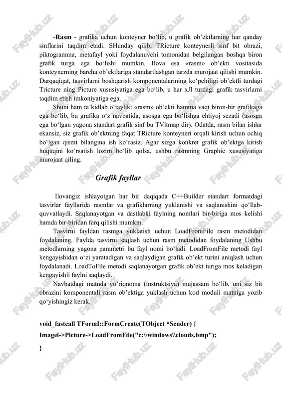 i yuklash loadfromfile metodini chaqiradi. palitragaxizmat ko‘rsatish foydalanuvchilik interfeysining ko‘pchilik elementlari biron-bir palitraga muxtojlik sezmaydi. biroq, grafik tasvirlarga ega komponentalarga, komponentalar ma’lumotlarini tegishli tarzda aks ettirish uchun, windows hamda uning ekran drayveri bilan o‘zaro aloqaga kirishish zarur bo‘lib qolishi mumkin. windows operatsiya tizimiga oid hujjatlarda bu jarayon palitralarni ishga tushirish (palett realizing) deb ataladi. palitrani ishga tushirish operatsiyasining vazifasi shundan iboratki, u eng ustki (ekranda sizga nisbatan eng yaqin turgan) faol darcha to‘liq rang palitrasidan foydalanishini, fon darchalari esa o‘z palitralarining qolgan ranglaridan maksimal darajada foydalanishlarini ta’minlashi kerak. bu degani, fon darchalari o‘z ranglarini «real» palitradagi erishish mumkin bo‘lgan eng yaqin ranglarga o‘zgartira olishlari kerak. darchalar bir-birini qisman yopib joy almashar ekan, windows ham muttasil darcha palitralarini ishga solib boradi. mulohaza. c++builder bit obrazlari palitralaridan boshqa palitralarni yaratish va ularga xizmat ko‘rsatish uchun mustaqil vositalarga ega emas. biroq, agar siz biron-bir palitraning deskriptorini olgan bo‘lsangiz, grafik komponentalar ular bilan ishlay …