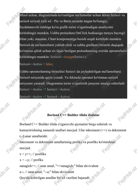 berish quyidagicha amalga oshiriladi: a = true; // rost b = 0; // yolg'on, false mantiqiy amallar: ! (inkor qilish) - mantiqiy operatori mantiqiy ifodalar yoki o`zgaruvchilar oldidan qo`yiladi. mantiqiy ifoda yoki o`zgaruvchining qiymatini teskarisiga o`zgartiradi. && (mantiqiy ko`paytirish) - mantiqiy operatori ikkita mantiqiy o`zgaruvchini birlashtiradi. agar ikkala o`zgaruvchi ham rost qiymatga ega bo`lsa natija rost, aks holda yolg`on natija beradi. || (mantiqiy qo`shish) - mantiqiy operatori ikkita mantiqiy o`zgaruvchini birlashtiradi. agar o`zgaruvchilardan kamida bittasi rost qiymatga ega bo`lsa natija rost, aks holda yolg`on natija beradi. ! - mantiqiy inkor operatori jadvali x !x false true true false &&, || manqiqiy operatorlai jadvali x y x && y x || y false false false false false true false true true false false true true true true true mantiqiy amallarga misollar a = true; b=false; c = !a; { c = false } c = a && b; { c = …
