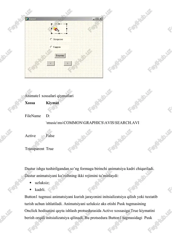 2.caption <> '') then begin with mediaplayer1 do begin filename:='c:\windows\media\'+ label2.caption; open; end; end; end; end. videorolik va animatsiyalarni ko’rish tovush eshittirishdan tashqari mediaplayer komponentasi avi-fayl (avi -audio video interleave so’zining qisqartmasi bo’lib, tovush va video almashuvi deb o’kiladi) sifatida berilgan videorolik va multiplikatsiyani ko’rishga imkon beradi. quyidagi dasturda buyruq tugmasini bosish natijasida tovushli multiplikatsiya soat mili bo’yicha aylanuvchi borland c++ builder so’zini ko’rish mumkin (borland c++ builder.avi fayli bu multiplikatsiyani o’z ichiga olgan). dastur dialog oynasi rasmda, mediaplayerl komponentasi xossalari kiymati jadvalda berilgan. mediaplayerdan foydalanish dasturi formasi va dialog oynasi. mediaplayer1 komponentasi xossalari. xossa qiymat name mediaplayer1 filename c:\windows\clock.avi devicetype dtavivideo autoopen true display panel1 visible false formada panell komponentasida animatsiya aks etadi, uning nomi mediaplayer1 komponenta display xossasining qiymati sifatida beriladi. animatsiya sohasi o’lchovlari mediaplayer komponentasi displayrect xossasi qiymati sifatida beriladi. bu qiymat dastur ishlash jarayonida mediaplayer1.displayreet:=rect(0,0,60,60) instruktsiyasini bajarish natijasida o’rnatiladi. tovushli animatsiya aks ettirish dastur matni. unit …