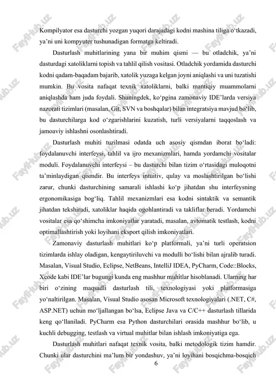 semantik jihatdan tekshiradi, xatoliklar haqida ogohlantiradi va takliflar beradi. yordamchi vositalar esa qo‘shimcha imkoniyatlar yaratadi, masalan, avtomatik testlash, kodni optimallashtirish yoki loyihani eksport qilish imkoniyatlari. zamonaviy dasturlash muhitlari ko‘p platformali, ya’ni turli operatsion tizimlarda ishlay oladigan, kengaytiriluvchi va modulli bo‘lishi bilan ajralib turadi. masalan, visual studio, eclipse, netbeans, intellij idea, pycharm, code::blocks, xcode kabi ide’lar bugungi kunda eng mashhur muhitlar hisoblanadi. ularning har biri o‘zining maqsadli dasturlash tili, texnologiyasi yoki platformasiga yo‘naltirilgan. masalan, visual studio asosan microsoft texnologiyalari (.net, c#, asp.net) uchun mo‘ljallangan bo‘lsa, eclipse java va c/c++ dasturlash tillarida keng qo‘llaniladi. pycharm esa python dasturchilari orasida mashhur bo‘lib, u kuchli debugging, testlash va virtual muhitlar bilan ishlash imkoniyatiga ega. dasturlash muhitlari nafaqat texnik vosita, balki metodologik tizim hamdir. chunki ular dasturchini ma’lum bir yondashuv, ya’ni loyihani bosqichma-bosqich amalga oshirish tamoyiliga o‘rgatadi. dastur yaratish jarayonida rejalashtirish, kod yozish, testlash, optimallashtirish va natijani hujjatlashtirish kabi ketma-ket amallarni bajarish talab etiladi. shunday …