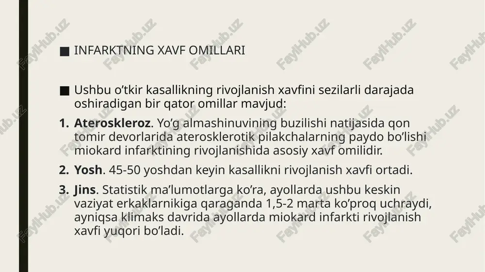 r. bugungi kunda ushbu moddani o’z ichiga olgan ko’plab dorilar kardiologiyada keng ishlatiladi. optimal dozani va muayyan dori turini tanlash uchun siz shifokoringizga murojaat qilishingiz kerak. miokard infarktining asoratlari miokard infarktining asoratlari har doim organizmning holatiga salbiy ta’sir ko’rsatadi. albatta, bu miokardning zararlanish maydoniga bog’liq. miokard infarktiga uchragan bemorlarda ko’pincha yurak ritmining buzilishi rivojlanadi. miokard nekrozi va chandiq hosil bo’lishi tufayli yurakning qisqarish qobiliyati pasayadi va natijada yurak yetishmovchiligi rivojlanadi. yurakning ko’p shikastlanishi va katta chandiqlar hosil bo’lishi natijasida yurak anevrizmasi — bemorning hayotiga tahdid soluvchi va tezkor davolashni talab qiluvchi holat paydo bo’lishi mumkin. anevrizma nafaqat yurakning faoliyatini yomonlashtiradi, balki qon trombi hosil bo’lishi ehtimolini oshiradi va uning yorilishi xavfi ham katta bo’ladi. o‘tkir davri. miokard infarkti asosan yurak sohasida bo‘ladigan qattiq og‘riq bilan boshlanadi. shu belgini tekshirgan olimlardan a. l. sirkin (1991) 94% kasallarda, f.i.komarov va boshqalar 86-95% kasallarda miokard infarkti og‘riq bilan boshlanadi, deb ko‘rsatishgan. o g‘riq …