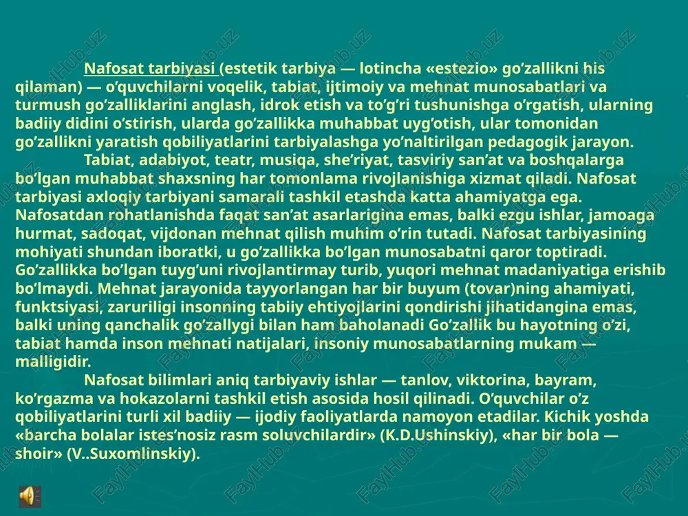 ni his qilish, ularga intilib yashashga undab kelgan. aksincha, g’oyaviy jihatdan saviyasi past asarlar o’quvchilar ongini sayozlashtiradi, ularni chinakam go’zallikdan chalg’itadi, go’zallikni sevishga bo’lgan intilishlarini susaytiradi, didini pastaytiradi. o’quvchilarning go’zallik bilan bevosita muloqotda bo’lishlari ularga ko’proq hissiy ta’sir ko’rsatadi. shuning uchun ham o’qituvchi, tarbiyachilar tarbiyaviy ishlarni tashkil etish jarayonida o’quvchilarni badiiy jihatdan yuksak bo’lgan asarlar va tabiat manzaralari bilan tanishtirishga alohida e’tibor qaratishlari zarur. tasviriy san’at, haykaltaraoshlik va me’moriy asarlar namunalari bilan o’quvchilarni tanishtirish ularda simmetriya, mutanosiblik, chiziqlar, rang va kolorit uyg’unligini idrok etish tuyg’ulariga ega bo’lishlarini ta’minlashga xizmat qiladi. o’quvchilar e’tiboriga ezgu g’oyalarni tarannum etuvchi musiqiy asarlarning havola etilishi, ulardan olinayotgan taassurotlar bilan o’rtoqlashish ularda musiqiy ohang, ritya, tovushlarning ifodaviyligi va sur’atini his etish ko’nikma va malakalariga ega bo’lishlarini ta’minlaydi. adabiy asarlar esa o’quvchilarning nutq boyligi oshirish, fikrlash qobiliyatini o’stirish, shaxsiy qarashlarini erkin bayon etishga imkon beradi. bundan tashqari o’quvchilar bastakor — yunus rajabiy, muhammadjon mirzaev, doni zokirov, dilorom …