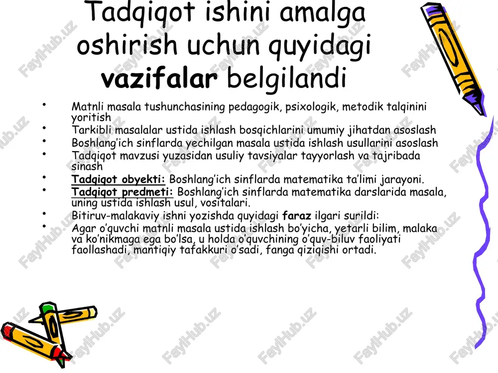 vtoparkiga 2400 l benzin keltirildi. bundan 1-kun 3q10 qismi, 2-kun 2q10 qismi sarflandi. har ikkala kunda necha litr benzin sarflandi?” bu masalaga quyidagi uch hil ko’rinishda qisqa shartni yozib ko’rsatish qulay. 1.grafik usuli. shunday qilib masala qanday qisqa shartida tuzilmasin, masalaning to’la shartini ifodalashi va yechim yo’lini tanlashga yordam berishi kerak. masala bu – so’zlar bilan ifodalangan savol bo’lib, uning javobi arifmetik amallar yordamida olinishi mumkin. boshlang’ich sinf o’quvchilarini mantiqiy tafakkurini o’stirishda matnli masala muhim vosita bo’lib xizmat qiladi. masala tushunchasini turli olimlar tomonidan turlicha talqin etilishi ishimizning birinchi bandida keltirilgan. shartli ravishda masala quyidagi tarkibiy elementlarga ajratilishi mumkin. masalaning sharti – syujetlarning so’zlar bilan bayoni bo’lib, unda son qiymatlari masala tarkibiga kiruvchi kattaliklar orasidagi funksional bog’lanish oshkor (sonlar yordamida) holda yoki oshkormas shaklda (so’zlar yordamida) ko’rsatilgan bo’ladi. masalanig savoli – bunda bir yoki bir necha kattalikning noma’lum qiymatlarini bilish taklif qilinadi. boshlang’ich sinflarda yechiladigan masalalarni ikki turga bo’ladilar: sodda …