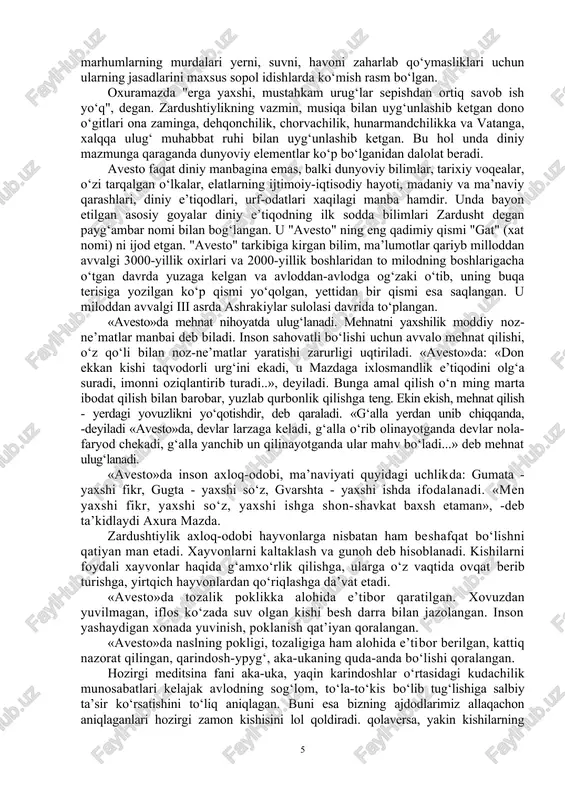 ida qizil shu’lali olovni ko‘paytirgan va shu tarzda 300 yil yashagan. oxuramazda unga oltin nayza bilan oltin qamchi hadya etgan. yer odamlar yashashi uchun torlik qilib qolganda, iyim nayzani yerga suqib, xudodan uni kengaytirishni iltijo qilgan va bunga erishgan. oxuramazda odam atoga muzlamachilik ofati kelayotganidan xabar bergan, bu ofatning oldini olib qolish kerakligini aytgan. iyim maxsus uy qurib, mavjud xamma hayvon va o‘simliklarning eng‘ yaxshi zoti va navidan bir juftdan saqlagan; natijada dunyoda tirik tabiatni ofatlardan saqlab qolgan. biroq iyim o‘z ishiga ortiqcha baho berib, mag‘rurlanib ketgan va xudo ta’qiqlagan ne’mat- yirik shohidi xayvon go‘shtidan tanovul qilib qo‘ygan. oqibatda u xudoning qahriga uchrab, abadiylikdan maxrum bo‘lib qolgan. odamzod hayotining bu birinchi bosqichidan so‘ng, ikkinchisi boshlanar ekan. bu davr zardusht faoliyati va uning diniy islohoti bilan bog‘liq bo‘lib, u din va iymon uchun beomon kurashlardan iboratdir. 3000 yillik kurashlardan so‘ng zardushtning farzandi boshchiligida dunyoda osoyishtalik va farovonlik davri yuzaga kelar ekan, …