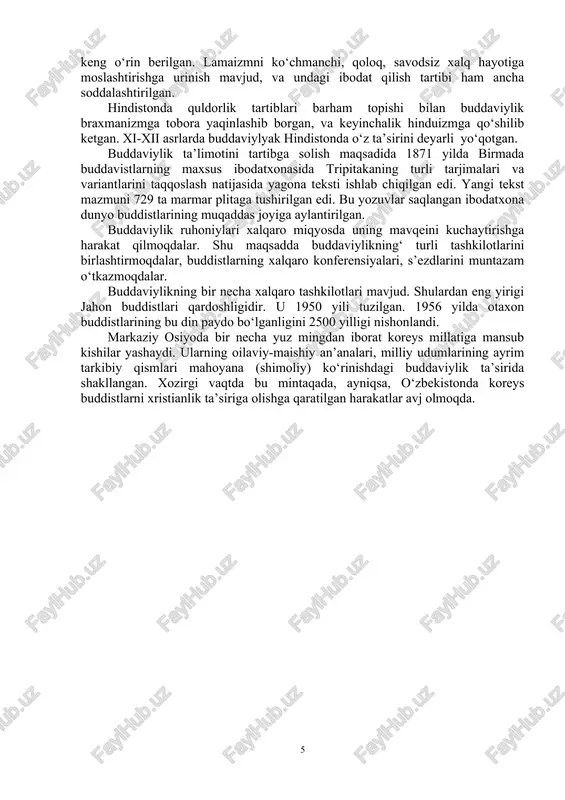 shilarning xayolida, bilib bo‘lmaydigan ruhning namoyon bo‘lishida, deb ta’lim beriladi. buddaviylikdagi ruh - nirvananing ta’limoti "muqaddas haqikat" deb ataladi. unga ko‘ra, ijtimoiy hayot va shaxsiy turmush azob-uqubatlarining sababi - kishilarning istaklari va nafslarida. azob-ukubatdan kutulish uchun kishilar o‘zlarining istak va nafslarini tiyishlari, budda kashf etgan aqidalarga amal qilishlari zarur. buddaviylik azob-uqubat tushunchasini mutlaqlashtirgan, borliqning barcha shakllarini, uning mazmunini, har qanday turmush tarzini azob-uqubat deb hisoblagan. shuning uchun buddaviylik nirvanani borliqning intihosi, deb tushunadi. buddaviylik ta’limoticha, jonli mavjudotlarning o‘lishi uni tashkil etgan dxarma (element, zarracha) larning ajralib ketish jarayonidir. bularning yangidan birikishi ilgari qilingan "savob va gunoh" lar bilan bog‘liq bo‘ladi. dxarma nirvana darajasiga yetgandagana kayta tug‘ilishlarga barham berilib, azob-uqubatdan butunlay xalos etilar ekan. buddaviylik ta’limotiga ko‘ra, azob-ukubatlardan xalos bo‘lishning eng maqbul yo‘li rohiblik (monaxlik) jamiyati (sangxa) ga o‘tish hisoblanadi. buddaviylik ta’limotida olam uch bosqichli deb tavsiflangan. birinchisi eng yuqori olam bo‘lib, unda mutlaq osoyishtalik hukmron. unda faqat sof ruhgina mavjud. …