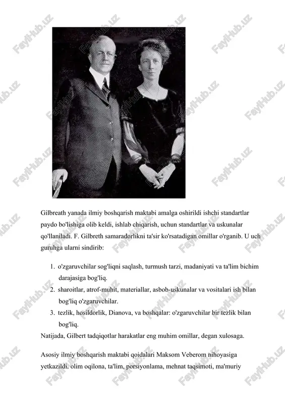 ing otasi hisoblanadi. ilmiy menejment maktabining shakllanishi uning 1911 yilda "ilmiy boshqarish asoslari" kitobining nashr etilishi bilan bog'liq. u inson va moddiy resurslardan eng samarali foydalanish uchun boshqaruvga ilmiy yondoshish zarurligini birinchi bo'lib asoslab berdi. teylor shaxsning samaradorligi bilan emas, balki tashkilot bilan qiziqdi. uning tashkilotni boshqarishni takomillashtirishga bo'lgan yondashuvi muhandislik echimlarini birinchi o'ringa qo'yadi. uning nazariyasi bir tomonlama ta'sirni ta'minladi boshqaruv tizimi xodim va uning rahbarga bo'ysunishi to'g'risida. rag'batlantirish va harakatlantiruvchi kuchlar mehnat faoliyati teylor ishi va shaxsiy iqtisodiy manfaatdorligi uchun moddiy mukofotlar olishni o'ylab ko'rdi. teylor menejmentning to'rtta ilmiy tamoyillarini ilgari surdi: · ishning iqtisodiy usullarini joriy etish; · kadrlarni kasbiy tanlash va tayyorlash; · kadrlarni oqilona joylashtirish; · ma'muriyat va xodimlar o'rtasidagi hamkorlik. teylorning g'oyalari uning izdoshlari - g. gant, f. gilbrayt, g. emerson tomonidan ishlab chiqilgan. ilmiy menejment maktabining afzalligi shundaki, uning vakillari: · mehnat unumdorligini oshirish uchun uni ilmiy boshqarish zarurligini asoslab berdi; · tamoyillarni …