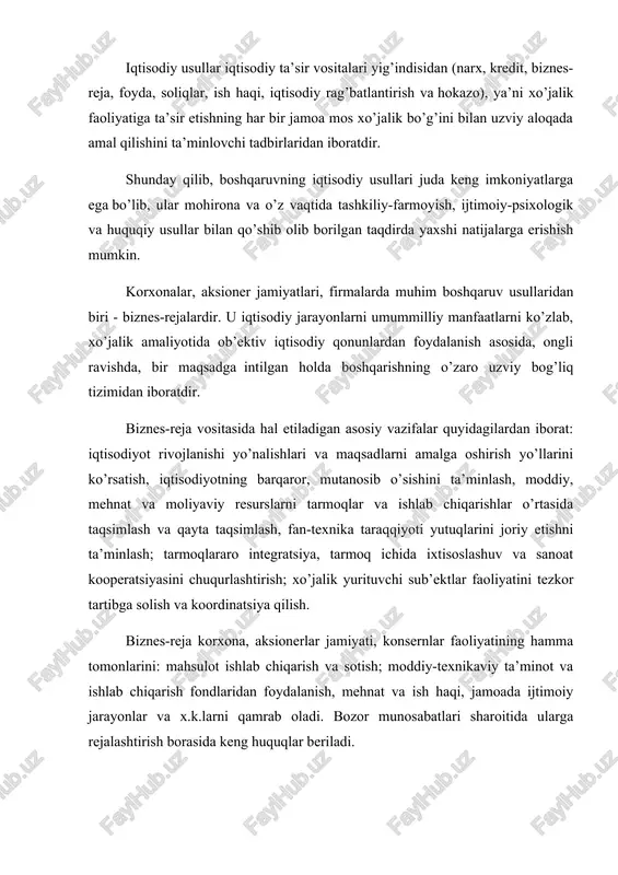 foydalanish, mehnat va ish haqi, jamoada ijtimoiy jarayonlar va x.k.larni qamrab oladi. bozor munosabatlari sharoitida ularga rejalashtirish borasida keng huquqlar beriladi. 3. boshqaruvning tashkiliy farmoyish usuli xo’jalik tashkilotlarining ishlab chiqarishni boshqarish bo’yicha faoliyati boshqaruvning turli tashkiliy-farmoyish usullarini qo’llash bilan bog’liqdir. boshqaruvning tashkiliy-farmoyish usullari boshqaruvchi va boshqariluvchi tizimlar samarali faoliyat yuritishini ta’minlovchi ta’sir etish tizimidan iboratdir. boshqaruvning tashkiliy-farmoyish usullari iqtisodiy usullarni to’ldirib, bozor iqtisodiyoti qonunlari. huquqiy aktlarni hisobga olish va bajarishga asoslanadi. nima sababdan boshqaruvning ma’muriy-farmoyish usullari ma’muriy shakllar bilan qo’shib olib boriladi. bu ko’p hollarda tashkiliy ta’sir ma’muriy huquqni qo’llash, ya’ni qaror va farmoyishlarni amalga oshirishga asoslanadi. lekin, «boshqaruvning tashkiliy-farmoyish usuli» tushunchasi «ma’muriy boshqaruv usuli» tushunchasidan bir muncha kengdir, chunki tashkiliy-farmoyish usullari boshqaruvning turli darajalariga turli ko’lamda va shaklda tashkiliy ta’sir etishni o’rganish masalalarini ham qamrab oladi. tashkiliy-farmoyish usullari tashkiliy aniqlikni ta’minlaydilar, tashkiy tizim, boshqaruvning har bir bo’g’ini vazifalarini belgilab beradi, boshqaruv apparati intizomi va faoliyati samaradorligini ta’minlaydi, ishda tartib …
