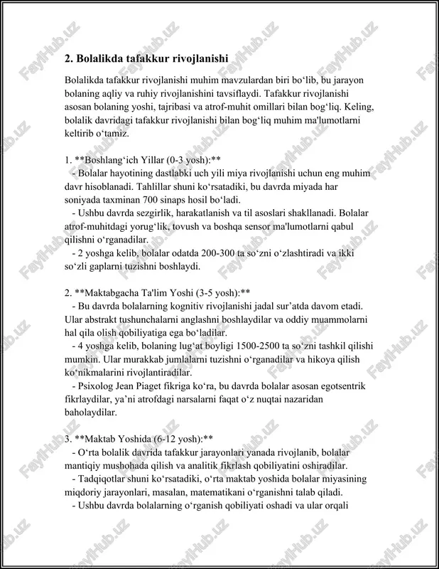 po'stlog', ya'ni miya faoliyatining rejalashtirish va qaror qabul qilish uchun javob beradigan qismi kattalashadi. frontal po'stloq 20 yoshga qadar o'sishda davom etadi, bu jarayon o'smirlarning intellektual jihatdan yetuklashishiga yordam beradi. ushbu davrda muammolarni yechish qobiliyatida ham sezilarli o'zgarishlar yuz beradi. misol uchun, 14 yoshdagi o'smirlarga nisbatan 18 yoshdagi o'smirlar abstrakt fikrlashda va muammolarni mantiqiy tahlil qilishda yaxshiroq bo'lishadi. tadqiqotlar shuni ko'rsatadiki, tijorat mavzularida o'smirlar 13-15 yosh oralig'ida ko'proq empirik fikr yuritishga moyil bo'lishsa, 18-19 yoshda ular ko'proq nazariy va mantiqiy fikrlashga urg'u berishadi. kattalardagi tafakkur o'zgarishlari esa boshqa yo'nalishda rivojlanadi. miyaning bir qismi bo'lgan prefrontal korteksning miqyosi balog'atga yetganda maksimum nuqtaga yetib, bu sohada muhim rivojlanish kuzatiladi. keyinchalik, odamning yoshi o'qishi bilan, miyadagi kulrang modda (gray matter) zichligi keskin kamayishni boshlaydi. 30 yoshdan keyingi davrda miyadagi sinaptik kamayish tajribaga asoslangan va odatlar bilan boyitilgan tafakkurning chuqurlashishiga olib keladi. biroq, kognitiv faollikning pasayishi 40 yoshdan keyin kuchayishi mumkin. bu davrda odatda …