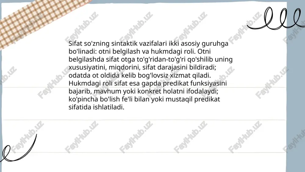 di. prosodik yuksalish kontrastni, past tus niyatni bildiradi. morfofonemik variantlar va reduplikatsiya intensivlikni kuchaytiradi. bu ta'sirlar taqqoslash, yuqorilash yoki bag'rikenglik niyatida ishlatiladi. ... t.me/slaydai_bot 17. stilistik farqlari: rasmiy sifatlar hujjat va ilmiy matnlarda ishlatiladi, neytral, aniq, terminologik, emotsiyasiz va ko‘proq birikmalarga mos keladi. badiiy sifatlar adabiy tilda obrazli, tashbehli, ekspressiv va lirik bo‘lib, metafora va epitetlarni hosil qiladi. og‘zaki sifatlar kundalik nutqda sodda, qisqarib ishlab, shevaviy yoki lozim paytda salbiy yoki ijobiy ta'sirni kuchaytiruvchi so‘zlar bilan bog‘liq. sifat so'z turkumi va sifatning ma'no jihatidan turlari mamatyoqubova zilola e'tiboringiz uchun raxmat! image1.png image2.png image3.png image4.jpg image5.png image6.jpg image7.jpg image8.jpg image9.jpg image10.jpg “sifatlarini top!” ta’limiy uchun mashq matnidagi doskaga ilib qo‘yiladi. o‘quvchining vazifasi, aytib, anaeshu sifatga n tlarni ingliz tilida yozib chiqadilar——— 7” — a \ adjective c= (sifatlar) s30 f °} as 2 clear te fs (tip-tiniq) gic? fone a lining me’yordan oren ortiq ekanligini bildirgan daraja sifat shakli orttirma darajadir. …