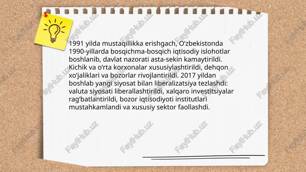 inologiya, lug‘at va ilmiy izlanmalarni rivojlantirish orqali milliy ongni mustahkamlashga qaratilgan. ... t.me/slaydai_bot huquqiy islohotlar sud-huquq tizimini mustaqillik, ochiqlik va adolat prinsiplari asosida takomillashtirishga qaratilgan. konstitutsiyaviy islohotlar, sud mustaqilligi kafolatlari, sudyaning malaka oshishi va kadrlar siyosati, protsessual kafolatlar kuchaytirilishi, huquqiy yordam va alternativ nizolarni hal etish tizimi kengaytirilishi, korrupsiyaga qarshi chora-tadbirlar, raqamlashtirish va sud-huquqiy statistika takomillashtirilishi, inson huquqlari himoyasi mustahkamlanishi nazarda tutiladi. ... t.me/slaydai_bot 16. ijtimoiy siyosat, bandlik va kambag‘allikni kamaytirish ijtimoiy siyosat doirasida o‘zbekiston bandlikni ta’minlash, kambag‘allikni kamaytirish va ijtimoiy himoyani kuchaytirishga yo‘naltirilgan kompleks chora-tadbirlarni amalga oshiradi. bunga kasbiy ta’lim va qayta tayyorlash, kichik biznes va tadbirkorlikni qo‘llab-quvvatlash, maqsadli nafaqa va yordam, mehnat bozori monitoringi, ish bilan ta’minlash dasturlari, gender va imkoniyati cheklangan shaxslarga integratsiya, mintaqaviy ish o‘rinlari yaratish va raqamli xizmatlar orqali ijtimoiy xizmatlarni soddalashtirish kiradi. ... t.me/slaydai_bot atrof-muhitni muhofaza qilishda asosiy muammolar: suv resurslarining 90% qishloq xoʻjaligida sarflanishi, hududning ~80% quruq va choʻl zonasidan iboratligi, oʻrmon qoplami …