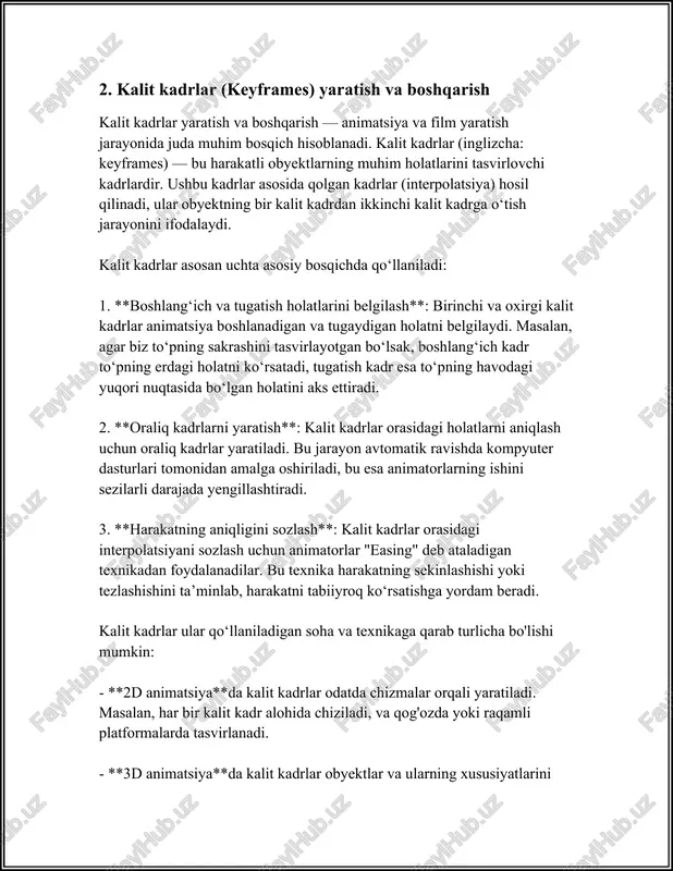 yms (kadrlar)ni vaqt bo‘yicha joylashtirishga yordam beradi. 1. **freym (kadr)larni boshqarish**: timeline har bir kadrning joylashuvi, davomiyligi va harakatini boshqarishda qo‘llaniladi. misol uchun, 24 kadr/sekund (fps) tezligida ishlayotgan animatsiyada har bir sekund 24 kadrga bo‘linadi. shunday qilib, vaqtni osonroq tashkil qilish va ko‘proq aniqlik kiritish mumkin. 2. **harakatlar xavolasini yaratish**: timeline orqali harakatlarning boshlanish va tugatish nuqtalarini belgilash mumkin. bu dastlabki va oxirgi holatlarni ko‘rsatadigan kalit kadrlar (keyframes) bilan amalga oshiriladi. 3. **animatsiyani sinovdan o‘tkazish**: vaqt jadvali orqali yaratilgan harakatlar tez va oson tarzda sinab ko‘rilishi, aniqligi tekshirilishi mumkin. bu jarayon davomida vaqt yutuqlari va kamchiliklari aniqlanadi. **dope sheet** dope sheet - bu animatsiya jarayonida timeline bilan ishlashni kengaytirishga imkon beradigan qo‘shimcha vosita hisoblanadi. u har bir unsur aniqligini va harakatlar sinxronligini boshqarishga yordam beradi. 1. **harakat taqvimi**: dope sheet orqali har bir obyekt yoki belgi uchun alohida kadrlar vaqtini aniqlash va oydinlashtirish mumkin. bu orqali kompleks animatsiya loyihalaridagi sinxronizatsiya …