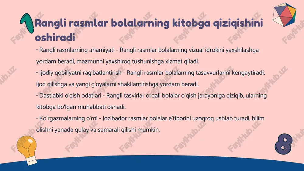 alohida e'tibor berish zarur. kitob bolalarni mustaqil o'qishga undaydi va ularga bilim manbai sifatida xizmat qiladi. bolalar tarbiyachilar va ota-onalar bilan birgalikda kitoblar orqali yaratgan o'qish madaniyati keyingi bosqichdagi muvaffaqiyatlariga asos bo'ladi. thank you for your attention! image9.png image10.svg image11.png image12.svg image13.png image14.svg image15.png image16.svg image17.png image18.svg image1.png image19.png image20.svg image21.png image22.svg image23.png image24.svg image2.svg image3.png image4.svg image5.png image6.svg image7.png image8.svg image33.png image34.svg image25.png image26.svg image27.png image28.svg image29.png image30.svg image31.png image32.svg image35.png image36.svg image37.png image38.svg image39.png image40.jpeg image41.png image42.jpeg image43.jpeg image44.jpeg image47.png image48.svg image49.png image50.svg image51.png image52.svg image53.png image54.svg image55.png image56.svg image45.png image46.svg vt wy) www /docprops/thumbnail.jpeg