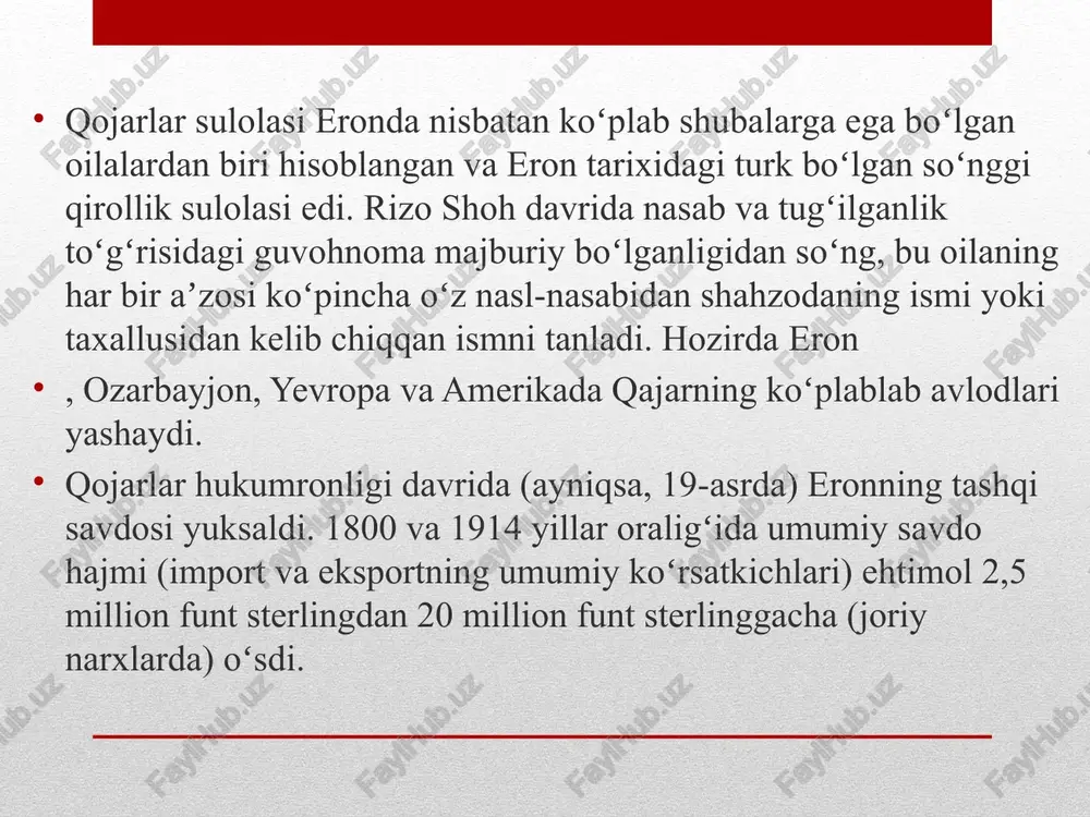 digan deb hisoblangan. antikommunizmga qarshi bo'lgan rejimlarni yashirin va aniq qo'llab-quvvatlash ko'pincha avtoritar rejimlarni qo'llab-quvvatladi. ba'zida global tinchlikni saqlash uchun boshqa davlatlarga aralashish kerak bo'lishi mumkin, lekin qanday oqibatlarga olib kelishini oldindan o'ylab, puxta rejalashtirish va amalga oshirish kerak. 1925 yildan beri qajar sulolasining boshlari va vorislari qajarlar imperator oilasining boshliqlari imperator oilasining boshlig'i muhammad ali shohning eng katta erkak avlodidan meros bo'lib o'tdi. sulola sulton unvonidan foydalanishda davom etdi. ahmad shoh qajar (1925-1930) fereydun mirzo (1930-1975) hamid mirzo (1975-1988) mahmud mirzo (1988) ali mirzo qajar (1988 yildan hozirgi kungacha) qajar sulolasining taxminiy vorislari voris presumptive - fors taxtining qajar vorisi. ahmad shoh qajar (1925-1930) muhammad hasan mirzo (1930-1943) fereydun mirzo (1943-1975) hamid mirzo (1975-1988) muhammad hasan mirzo ii (1988 yildan hozirgi kungacha) savol va topshiriqlar 1. eronda safaviylar sulolasi qay tariqa o'rnatildi? 2. safaviylar markaziy hokimiyatni mustahkamlash maqsadida qanday tadbirlarni amalga oshirganlar? 3. safaviylar sulolasi hukmronligining barham topishi sabablarini …