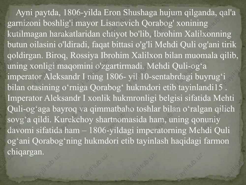 i haqida hech qanday arman yerlari haqida so‘z yuritilmagan. unda faqat musulmon xonliklari, ularning rossiyaga qo‘shilish davridagi hududlari haqida gap boradi. bu yerda nomi tilga olingan irevan xonligi aholisining mutlaq koʻpchiligi musulmonlar boʻlib, bu rus manbalarida oʻz aksini topgan. shunday qilib, yaratilish vaqtida “arman viloyati” 1828-yil 21-martdagi “eng oliy farmon”ga koʻra, tugatilgan irevan va naxchivon xonliklari hududida 107224 kishi, shundan 74260 nafari ozarbayjonlar (jami aholining 69,3 foizi), 7489 nafari kurdlar (7,0) yashagan. %), 324 yezidiy (0,3%) va 25151 arman (23,4%) buni general paskevichning bosh shtab boshlig‘iga 1827 yilda iravonning “vaqtinchalik bo‘limi” boshlig‘i etib tayinlangan general krasovskiy va shu bo‘lim a’zosi arxiyepiskop nersesning harakatlaridan noroziligi aks etgan xati ham tasdiqlaydi.21 lekin, yuqorida ta'kidlanganidek, janubiy kavkaz ustidan to'liq nazorat o'rnatgan rossiya musulmonlarning, jumladan, ozarbayjonlarning etnik omilining roli va ahamiyatini kamaytirishga intildi. shu maqsadda chor hukumati mintaqadagi etnodemografik vaziyatni o‘zgartirishga qaratilgan faol siyosat olib bordi. shunisi e’tiborga loyiqki, chor ma’muriyati armanlarning ozarbayjon yerlariga …