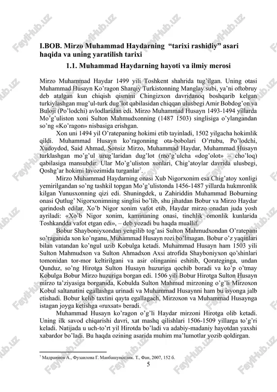 r. ushbu tadqiqot orqali o'rta asrlar davrida davlat tuzilmalari, siyosiy tizimlar va boshqaruv usullarining qanday rivojlanganligi haqida tushunchani kengaytirish maqsad qilingan. shuningdek, "tarixi rashidiy" asarining zamonaviy tarixshunoslik va siyosatshunoslikdagi ahamiyatini aniqlash ham ushbu kurs ishining muhim maqsadlaridan biridir. kurs ishining predmeti va ob'yekti: mirzo muhammad haydarning "tarixi rashidiy" asarida davlatchilik masalalari qanday yoritilganligini tahlil qilish. bu predmet doirasida quyidagi jihatlar tadqiq qilinadi: mirzo muhammad haydarning "tarixi rashidiy" asaridagi davlatchilik masalalari. bu ob'ekt asarda bayon etilgan davlat boshqaruvi, siyosiy tizimlar, hukmdorlar faoliyati, harbiy yurishlar va iqtisodiy tuzilmalarning tahlilini o'z ichiga oladi. kurs ishining tuzilishi:ushbu kurs ishim kirish ikki bob tortta reja xulosa va foydalanilgan adabiyotlar ro’yxatidan iborat i.bob. mirzo muhammad haydarning “tarixi rashidiy” asari haqida va uning yaratilish tarixi 1.1. muhammad haydarning hayoti va ilmiy merosi mirzo muhammad haydar 1499 yili toshkent shahrida tug’ilgan. uning otasi muhammad husayn ko’ragon sharqiy turkistonning manglay subi, ya’ni oftobruy deb atalgan kun chiqish qismini chingizxon …