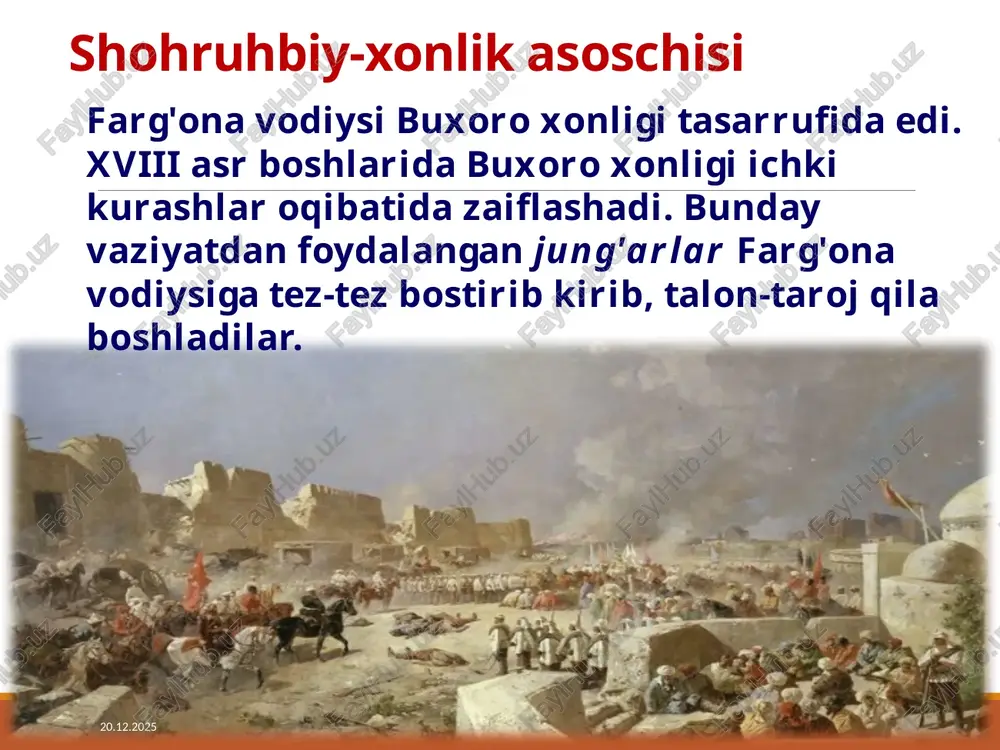o'rg'on shohruhbiyning qarorgohiga aylantirildi. shohruhbiyning o'g'li abdurahimbiy (1721-1733) davrida xo'jand, o'ratepa viloyatlari qo'shib olindi. 17.03.2025 8 abdurahimbiy abdurahimbiy xo'jandga qaytib kelgach, qattiq betob bo'lib, vafot etadi. qo'qon xonligi taxtiga uning inisi abdulkarimbiy o'tiradi (1733-1750). u yonida hozirgi qo'qon shahriga asos solib, o'z poytaxtini tepaqo'rg'ondan qo'qon shahriga ko'chiradi. eskiqo'rg'on qal'asi erdona hukmronligi davrida (1751-1762) xonlikning qudrati ortdi. u o'sh va o'zganni bo'ysundirdi. erdona davrida qo'qon xonligi g'arbda buxoro, sharqda xitoy bilan tengma-teng kurash olib bora olgan davlatga aylandi. biroq hukmronlik davri urushlar bilan o'tdi. 17.03.2025 9 17.03.2025 10 1.2. ma’muriy-hududiy tuzilishi va aholisi geografiyasi. xviii asr oxirlarida xonlikning hududi faqat farg‘ona vodiysidan iborat bo‘lib, bu davrda norbo‘tabiy vodiydagi barcha beklik va viloyatlarni o‘z itoatiga kirgizib, ularni qo‘qonga bo‘ysundirdi. uning davrida andijon va maro‘ilon viloyatlari vodiydagi eng katta mulklar edi. olimxon davrida xonlik hududlari toshkent va uning atrofidagi yerlar hisobidan ancha kengaydi. tarixiy manbalarda toshkent mulki — viloyat, shahar, toshkent va dashti …
