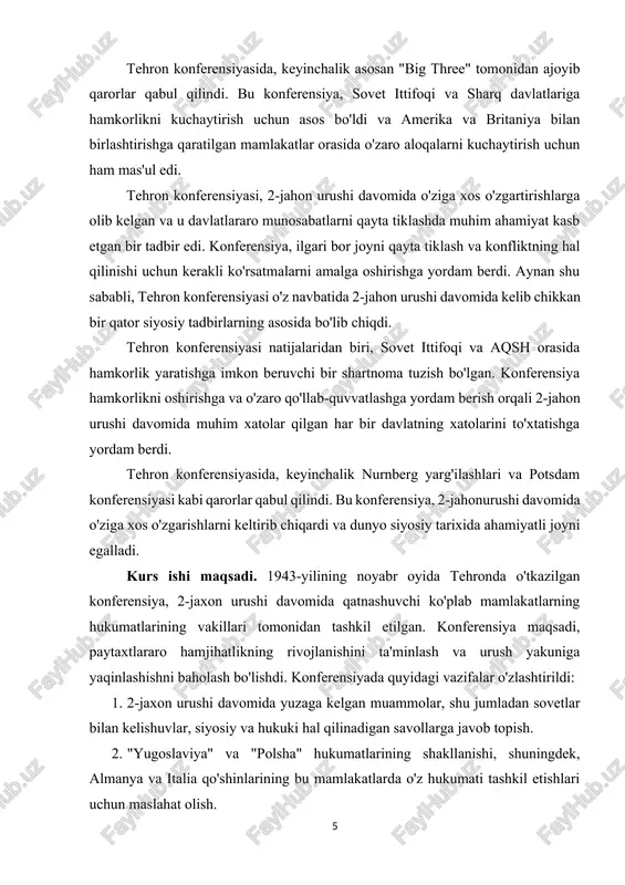 ixining bosqichidagi eng muhim vakiyalardan biri bo'lib qoldi. konferensiya, paytaxtlararo hamjihatlikda yana qadam tashlash, urush yakuniga yaqinlashish va keyinchalik to'g'ridan-to'g'ri xizmatda qo'llashni ta'minlashga yo'l harakat qilishda o'z ahamiyatini ko'rsatgan edi. i bob tehron konferensiyasi va siyosiy kelishuv 1.1 siyosiy kelishuvlar 2-jahon urushi tugaganidan keyin, dunyoda quyidagi kelishuvlar sodir bo'ldi: · [footnoteref:1]birinchi, amerika qo'shma shtatlari bilan rossiya orasida strategik atom silalarining sonini kamaytirishga doir kelishuv imzolandi. bu kelishuv, start-3 deb nomlangan va 2010 yilda teksasning prari chiroqlik kentida imzolangan kelishuvning davomi hisoblanadi. [1: ayg'oqchilar ko'prigi kitobidan. haqiqiy hikoya jeyms donovan muallif sever aleksandr vermaxtning o'limi kitobidan muallif plenkov oleg yurievich xx asrning artilleriya va minomyotlari kitobidan muallif ismagilov r. s. ] · ikkinchi, amerika qo'shma shtatlari, britaniya va fransiya, iroqning nuklearka materiallarni ishlatishida va uning atom dasturi bilan bog'liq holatini tekshirishda ishtirok etishni ta'kidlagan xatoni iran jumhuriyatiga yuborishdi. bu maktub, tehran konferensiyasida ishtirok etgan davlatlar tomonidan imzolangan konsensustan kelib chiqqan natijalardan …
