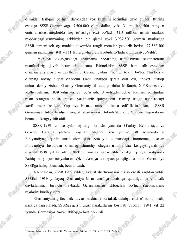an tarixiy g’alabada o’zbekiston sanoati va ishchilar sinfining munosib hissasi bor. o’zbekiston ishchilar sinfi urush yillarida yuksak onglilik va uyushqoqlik namunalarini ko’rsatib g’alaba uchun barcha zarur bo’lgan ishlarni qildi. respublika iqtisodiyotini harbiy izga solish, armiyani dushman ustidan g’alaba qozonishini ta'minlashga qodir bo’lgan qudratli harbiy xo’jalikni barpo etish ana shu vazifalardan biri edi. o’zbekistonda 1941 yilning oxirlariga kelib 300 zavod va fabrika qizil armiya uchun qurol-yarog’ va o’qdori ishlab chiqara boshladi. birinchi navbatda turgan masala mudofaa sanoati korxonalarini zarur bo’lgan yoqilg’i, elektor quvvati va metal bilan ta'minlashdan iborat bo’ldi. o’zbekiston kompartiyasi markaziy qo’mitasining 1941 yil 5-7 dekabrda bo’lib o’tgan v plenumi respublika sanoatini harbiy izga solish sohasidagi ishlarga yakun yasadi, o’zbekistonga evakuatsiya qilingan sanoat korxonalarini tezlik bilan ishga tushirish, mamlakatga, front uchun kerak bo’lgan mahsulotlarni o’z vaqtida yetkazib berish bilan bog’liq masalalr muhokama qilindi va uni amalga oshirish bo’yicha tadbirlar ishlab chiqildi. elektr energiyasi, yoqilg’i va xom-ashyo bazalarini rivojlantirish masalalariga ham …