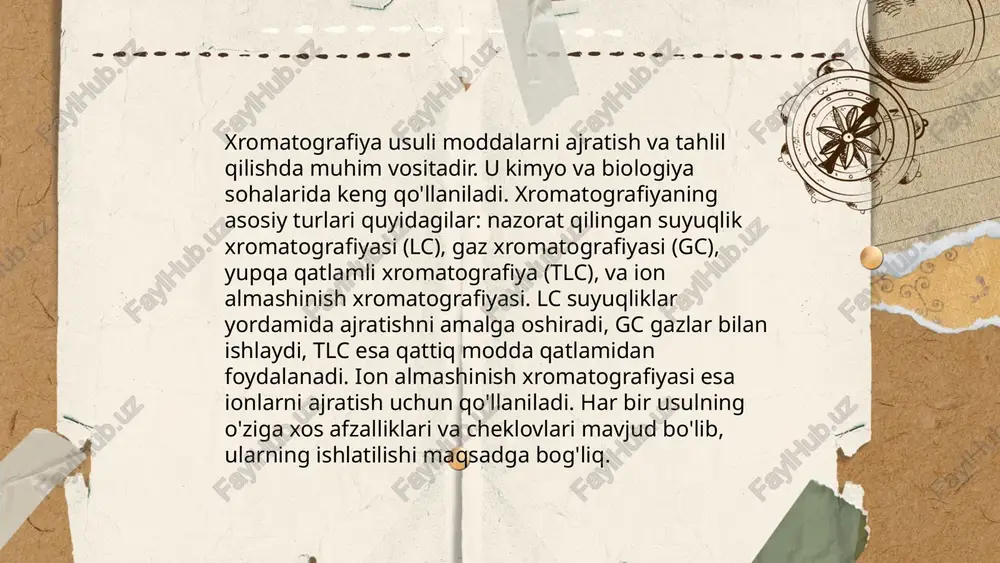 \times b \), aylananing sirt maydoni \( s = \pi r^2 \). hajm o‘lchovi uch o‘lchamli figuralar uchun: kubning hajmi \( v = a^3 \), to‘g‘ri to‘rtburchaklar prizmasining hajmi \( v = a \times b \times c \), silindrning hajmi \( v = \pi r^2 h \). sirt maydoni va hajmi birliklari kvadrat metr (m²) yoki kub metr (m³) bilan ifodalanadi. ko‘pincha bu o‘lchovlar arxitektura, muhandislik, fizikada qo‘llaniladi. ... t.me/slaydai_bot adsorbsiyaning termodinamik xususiyatlari adsorbsiyalovchi va adsorbat orasidagi energiya almashinuviga bog‘liq. adsorbsiyaning entalpiyasi harorat o‘zgarishi bilan aniqlanadi va ekzotermik jarayon sifatida, odatda, manfiy qiymatga ega bo‘ladi. adsorbsiyaning gibbs energiyasi esa jarayonning o‘z-o‘zidan amalga oshish qobiliyatini ifodalaydi va salbiy bo‘lsa, jarayon spontan bo‘ladi. entropiya o‘zgarishi, odatda, kichik bo‘lsa-da, adsorbsiyaning tartiblanish darajasini ko‘rsatadi. langmuir va freundlich tenglamalari adsorbsiyaning izotermik xususiyatlarini aniqlashda qo‘llaniladi, bu jarayonning maksimal qamrab olish qobiliyati hamda adsorbatning muayyan sirt bilan o‘zaro ta'sirini tasvirlaydi. ... t.me/slaydai_bot 13. kimyoviy xromatografiya asoslari 13. …