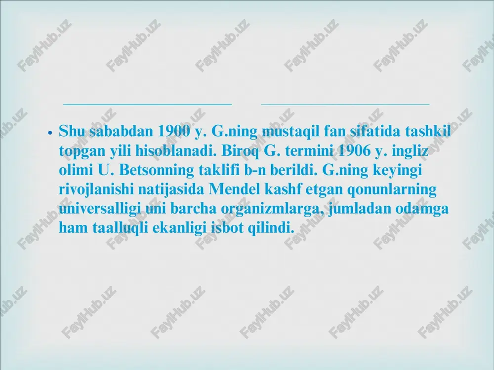irganda, avlod organizmlar ajdodlardan tasodifiy allellarni saqlab qolishadi. shunday tasodifiy nasldorlik kombinatsiyasipunnett kvadrati deb ataluvchi sxemada ko’rsatilishi mumkin. allellar segregatsiyasi orqali kechuvchi diskret nasldorlikning bunday kuzatuv natijalari «mendel’ning birinchi qonuni» yoki «segregatsiya qonuni» deyiladi. https://uz.wikipedia.org/wiki/gen https://uz.wikipedia.org/w/index.php?title=gregor_mendel&action=edit&redlink=1 https://uz.wikipedia.org/wiki/no%ca%bbxat https://uz.wikipedia.org/w/index.php?title=allel&action=edit&redlink=1 https://uz.wikipedia.org/wiki/diploid https://uz.wikipedia.org/w/index.php?title=gomozigota&action=edit&redlink=1 https://uz.wikipedia.org/wiki/geterozigota � e’tiboringiz uchun raxmat