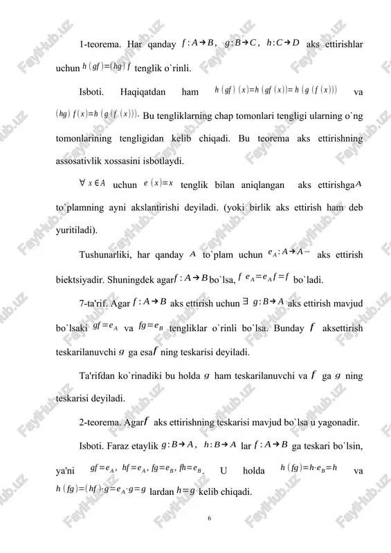 anda ham u yagona bo`lishi shart emas. misollar: odamlar to`plami, musbat ratsional sonlar to`plami bo`lsin. akslantirish har bir odamga uning santimetrlarda hisoblangan bo`yini mos qo`ysin. u holda odamlar to`plamini ratsional sonlar to`plamiga akslantiradi. har bir odamga yagona uzunlik mos keladi, lekin 1500 sm mos keluvchi odam mavjud emas, shuningdek 175 sm ga mos keluvchi odamlar yagona emas. 2. akslantirish barcha haqiqiy sonlar to`plami ni haqiqiy sonlar to`plamiga akslantiradi. akslantirishga ning obrazini bilan belgilaymiz. u holda bo`ladi. agarda aks ettirish uchun element mavjud bo`lib tenglik o`rinli bo`lsa, ga (o`zgarmas akslantirish) funktsiya deyiladi. 2-ta'rif: agar va aks ettirishlar berilgan bo`lib uchun o`rinli bo`lsa bu aks ettirishlarni teng deyiladi va ko`rinishda belgilanadi. berilgan to`plamni to`plamga akslantiruvchi barcha akslantirishlar to`plamini orqali belgilaymiz. bo`lsin. u holda tenglik bilan aniqlangan aks ettirishga ning torayishi esa ning kengayishi (davomi) deyiladi. masalan: dagi akslantirish dagi ning davomidir. 3-ta'rif. agar aks ettirishga har bir element to`plamda kamida bitta aslga …