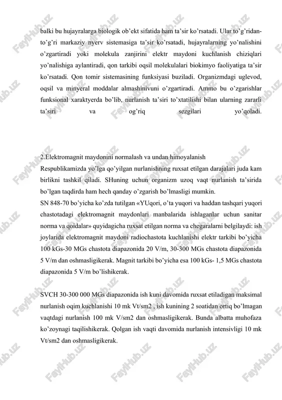 i uzoqdan turib boshqarish imkoniyatini beradigan hollarda foydalanish mumkin. bu usuldan foydalanish imkoniyati ish bajarilayotgan xona etarlicha kattalikda bo’lgandagina muvaffaqiyatli chiqadi. nurlanishni kamaytirishning yana boshqa usuli kuchli nurlanish genyeratorini, kuchsizroq nurlanish genyeratori bilan almashtirishdir. lekin bu usulda texnologik jarayonni hisobga olish zarur. nurlanish kuchini kamaytirishning boshqa usuli sifatida antennaga ekvivalent bo’lgan nurlanishni yutuvchi yoki kamaytiruvchi qurilmalarni antenyuatorlarni qo’llash, genyeratordan nurlanish tarqayotgan qurilmagacha bo’lgan oraliqdagi nurlanish kuchini yo’qotishi yoki kamaytirishi mumkin. nurlanishni yutuvchi qurilmalar koaksil va to’lqin qaytaruvchi bo’lishi mumkin. bu qurilmalarning sxemasi 31-rasmda keltirilgan. energiya yutgich sifatida grafit yoki boshqa uglyerodli qotishma ishlatiladi. shuningdek, ba’zi bir dielektrik materiallardan foydalanish mumkin. bunday materiallar qatoriga rezina, podevorirol va boshqalarni kiritish mumkin. elektr tokining odam organizmidan o‘tishi yurak faoliyati va nafas olishining to‘xtab qolishiga sabab bo‘ladi. hayot uchun eng xavfli tok kuchi 100 milliamper va undan ortiq tok hisoblanadi. bunday tok organizmda 110 v kuchlanishida paydo bo‘ladi. tok kuchlanishi yuqorilashib borgan sari, uning …