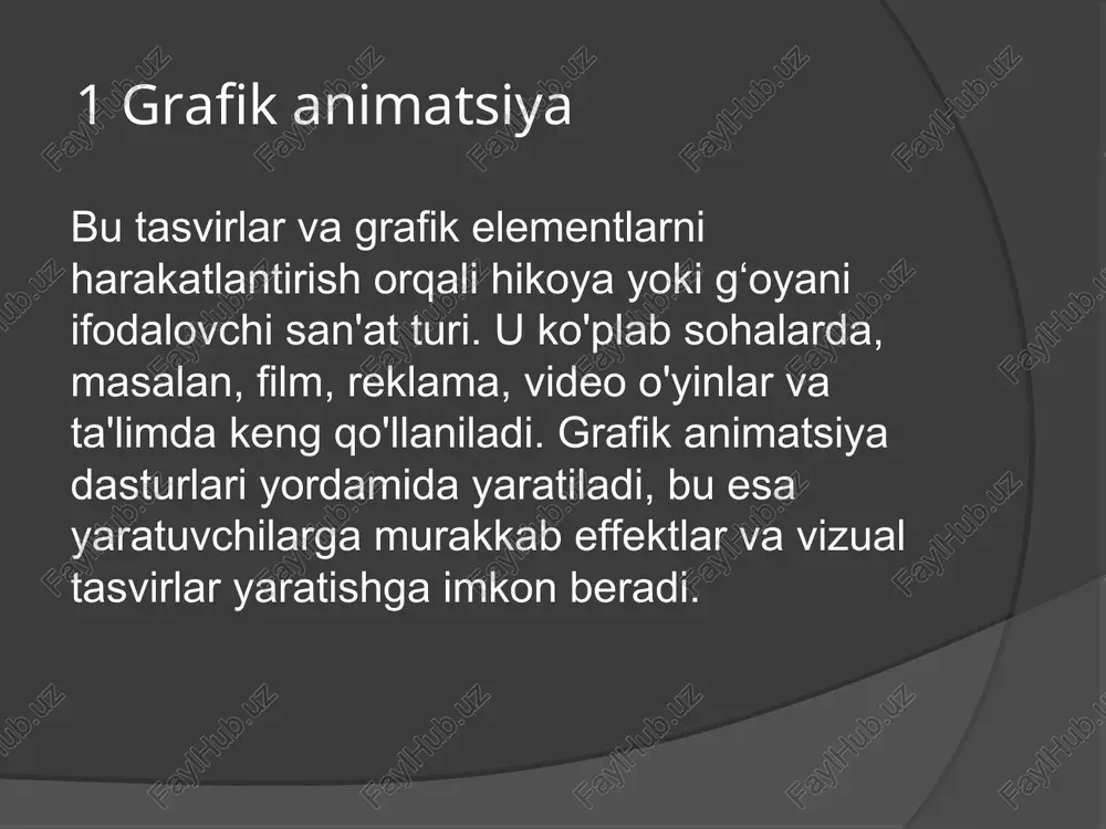 yoki to'rtburchaklar yordamida qurish. nurbs modelling: silliq, egiluvchan shakllarni yaratish uchun ishlatiladi. sculpting: qattiq yoki yumshoq modellarni yaratish uchun qo'l bilan chizish. dasturlar:blender: bepul va ochiq manbali, keng modellashtirish imkoniyatlari. autodesk maya: professional darajada modellashtirish uchun keng qo'llaniladi. 3ds max: asosan arxitektura va o'yin dizaynida qo'llaniladi. rigging ta'rif: modellarni harakatlantirish uchun suyak tizimlari (rig) yaratish jarayoni. bu xarakter yoki ob'ektning harakatini boshqarish imkonini beradi. jarayon:skeletal rigging: suyaklarni modellar ichida joylashtirish va bog'lash. skinning: ob'ektning yuzasini rigga bog'lash, bu esa harakat paytida uning deformatsiyasini ta'minlaydi. dasturlar:autodesk maya: rigging va skinning uchun kuchli vositalar taqdim etadi. blender: oson va intuitiv rigging imkoniyatlari mavjud. animatsiya ta'rif: rigged ob'ektlar yoki xarakterlarni harakatlantirish jarayoni. bu jarayonda xarakterlar yoki ob'ektlar harakatini kadrlar bo'yicha belgilash. texnikalar:keyframe animatsiyasi: harakatning asosiy nuqtalarini belgilash va o'rta kadrlarni avtomatik yaratish. motion capture: real odamlarning harakatlarini qayd etish va ularni 3d modellarga o'tkazish. dasturlar:blender: animatsiya yaratish uchun qulay interfeys va vositalar. autodesk …