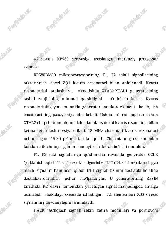 talab qilinadi, bu esa ikkita kp580ir82 bufer registrlari yordamida inversiyasiz amalga oshirilishi mumkin. manzilli buferlash sizga i0l ning maksimal qiymatlarini 32 ma va cl ni 300 pf ga oshirish imkonini beradi. shu bilan birga, shinada 35 ns qo'shimcha kechikish paydo bo'ladi. boshqa mikrosxemalar, masalan, kp580ir83, kp580ba86/ba87, k589ir12, k589ap16/ap26 va boshqalarda manzil buferini amalga oshirish mumkin. ular turli xil yuk va vaqt xususiyatlariga ega va manzil inversiyasiga olib kelishi mumkin. ma'lumotlarni maskalash.. turli vaziyatlarda, dasturlarni bajarishda, akkumulyatordagi sonning bir yoki bir nechta bitlarining holatini tekshirish yoki o'zgartirish (maskalash) kerak. buni quyidagi operatsiyalar yordamida amalga oshirish mumkin: - akkumulyator va maskadagi sonning mantiqiy ko‘paytirilishi - mos keladigan maska bitida 0 yozilsa, sonning bitini tozalaydi (0 ga o‘rnatiladi), bu maska bitida 1 yozilsa, uni o‘zgartirmaydi; - akkumulyator va maskadagi sonning mantiqiy qo‘shilishi - agar maskaning mos bitida 1 yozilgan bo‘lsa, sonning bitini 1 ga o‘rnatadi, agar maskaning ushbu bitida 0 yozilsa, uni o‘zgartirmaydi; …