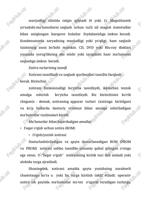 ni talab qiladi. minimal zarur shovqinni ta'minlaydigan dasturlar ikkilamchi xotiraga kiritilgan romga joylashtiriladi (kompyuterga mos keladigan shaxsiy kompyuterlar uchun bu bios rom). ushbu turdagi xotiralarning manzil maydonlari, qoida tariqasida, bo'linadi. xotiraning ushbu sohalariga murojaat qilish va ularga kirish usullari ham har xil. ushbu struktura protsessorga dastur xotirasi va ma'lumotlar xotirasi bilan bir vaqtda ishlash imkonini beradi, bu esa unumdorlikni sezilarli darajada oshiradi. ma'lumotlar xotirasi sohalarining har biri (sram va eeprom) ham o'z manzil maydonida joylashgan. xotiraning ierarxik tashkil etilishi. xotiraning ierarxik tashkil etilishi 3.2.12-rasmda ko'rsatilgan shaklga ega, bu zamonaviy kompyuterlar uchun xotira hajmi va unumdorligi diapazonlarini ko'rsatadi. 3.2.12-rasmdan ko'rinib turibdiki, ierarxiyaning yuqori darajalarida xotira hajmi kichikroq, lekin tezligi yuqori bo'lgan qurilmalar mavjud. 3.2.12-rasm. xotiraning ierarxik tashkil etilishi sxemasi. ram - tasodifiy kirish xotirasi; rom - faqat o'qiladigan xotira; cd/dvd - optik disk drayveri; hdd (hard disk drive) - qattiq disk; ssd (solid state drive) - "qattiq" diskda saqlash registr xotirasi …