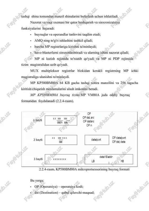isi bilan buyruq mos keladigan bayroqqa ta'sir qiladi). quyida ko'rib chiqiladigan shartli buyruqlarda shinaga kirishlar soni va mcning takt siklidagi davomiyligi shartga bog'liq. tegishli jadvallarda ikkita qiymat ko'rsatiladi - bajarilmasligi va shartning bajarilishi. src va dst maydonlari quyidagi (2.2.1) jadvalga muvofiq kodlangan 8 bitli a, b, c, d, h, l registrlaridan birini belgilaydi: 2.2.1-jadval. src va dst maydonlari qiymatlari registr b c d e h l a kod 000 001 010 011 100 101 111 ko'rib chiqilayotgan buyruqlar guruhida xotira va registrlar o'rtasida almashish buyruqlari mavjud. bular dasturlarda eng ko'p uchraydigan buyruqlar bo'lib, ularning umumiy sonining taxminan 45% ni egallaydi. yuborish buyruqlar guruhi bayroqlarga ta'sir qilmaydi, pop psw bundan mustasno. guruh quyidagi buyruqlar asosida tuzilgan: mov, mvi move lda, ldax, lxi, lhld sta, stax, shld saqlash bu buyruqlar ikkala baytda (mov, mvi, lda(x), sta(x)) va so'zlarda (lxi, lhld, shld) ishlaydi. o'tkazish buyruqlarida src va dst maydonlari 8 bitli a...l registrlarini …