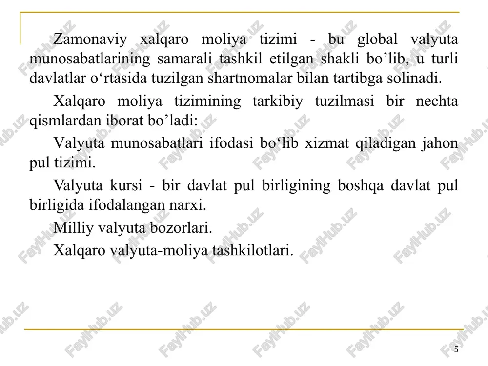 a institutlarini tartibga solish: xalqaro moliya tizimini barqarorlashtirishga qaratilgan chora-tadbirlarni ishlab chiqish hamda joriy etish orqali milliy moliyaviy institutlarni isloh qilish; toʻlov tizimlari, buxgalteriya hisobi va auditning takomillashgan standartlarini hamda bankrotlik tartib-qoidalarini ishlab chiqish va joriy etish orqali moliya tizimi infratuzilmasini mustahkamlash; rivojlanayotgan va rivojlangan mamlakatlarda moliyaviy operatsiyalarni nazorat etishning mustahkam xuquqiy tartibini joriy etish; offshor hududlar faoliyatida xalqaro tartiblarni to’liq joriy etish uchun sharoit yaratish; xalqaro kapital harakatini qattiq nazorat qilish. 15 2. yangi iqtisodiy siyosatga oʻtish: ichki bozorlarning faoliyat yuritish erkinligini kengaytirish va rivojlanayotgan mamlakatlar bozorlarida valyutani tartibga solishning samarali mexanizmini joriy qilish hamda xalqaro moliya munosabatlari rivojlanishi uchun eng maqbul shart-sharoitlarni yaratish; ijtimoiy qoʻllab-quvvatlashning xalqaro transfertlari tizimida baravarlikni ta’minlash; xususiy biznesni davlat tomonidan yanada qoʻllab-quvvatlash va ijtimoiy imtiyozlarni ob’ektiv taqsimlash mexanizmlarini ishlab chiqish; inqiroz jarayonlarining ta’siri ostida aholining moliyaviy yoʻqotishlarini kamaytirish variantlarini oʻrganish, shuningdek jamiyatning eng zaif qatlamlari himoyasini ta’minlashga qaratilgan siyosatni shakllantirish; xususiy va davlat sektori, …